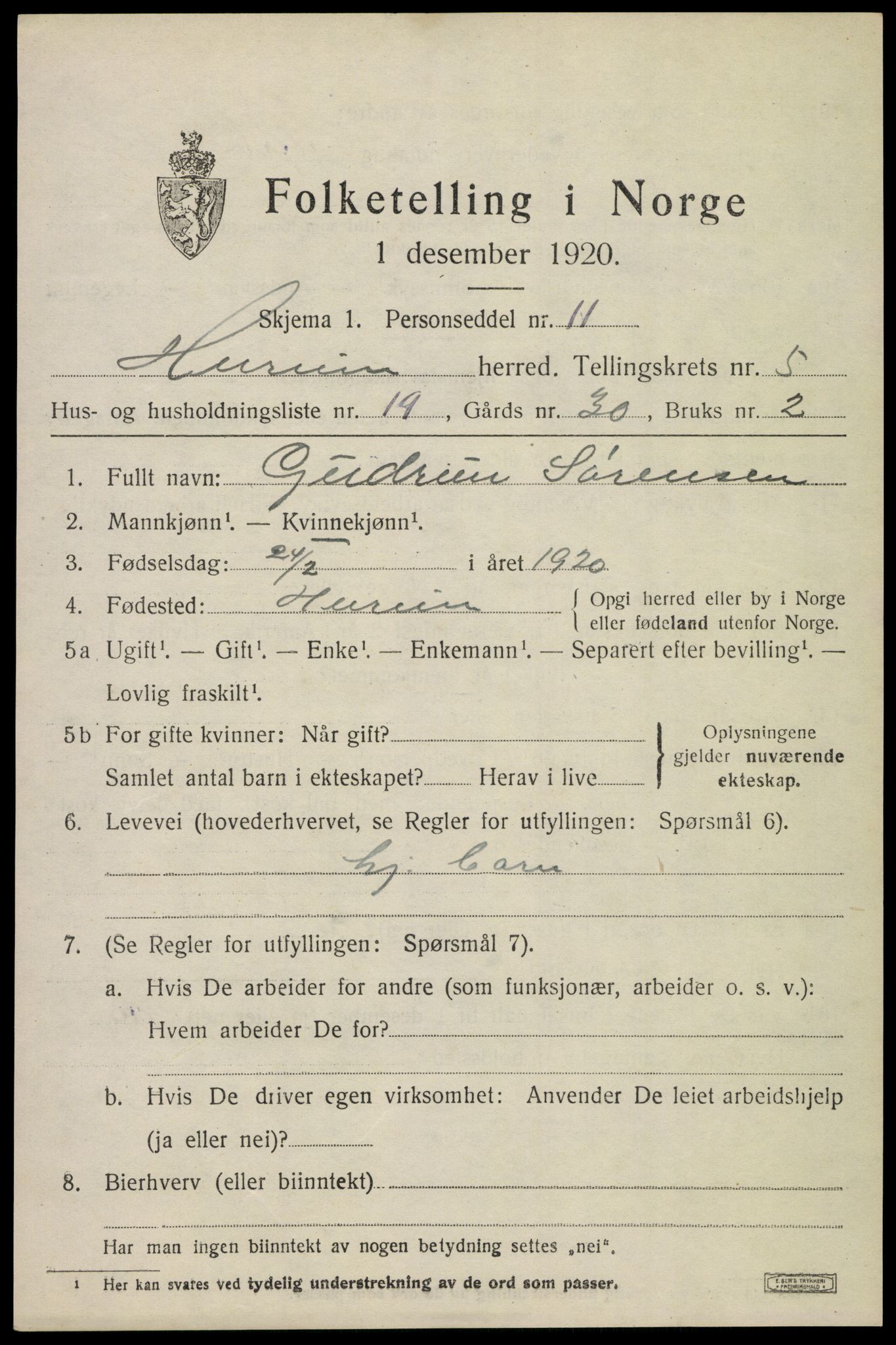 SAKO, 1920 census for Hurum, 1920, p. 6328