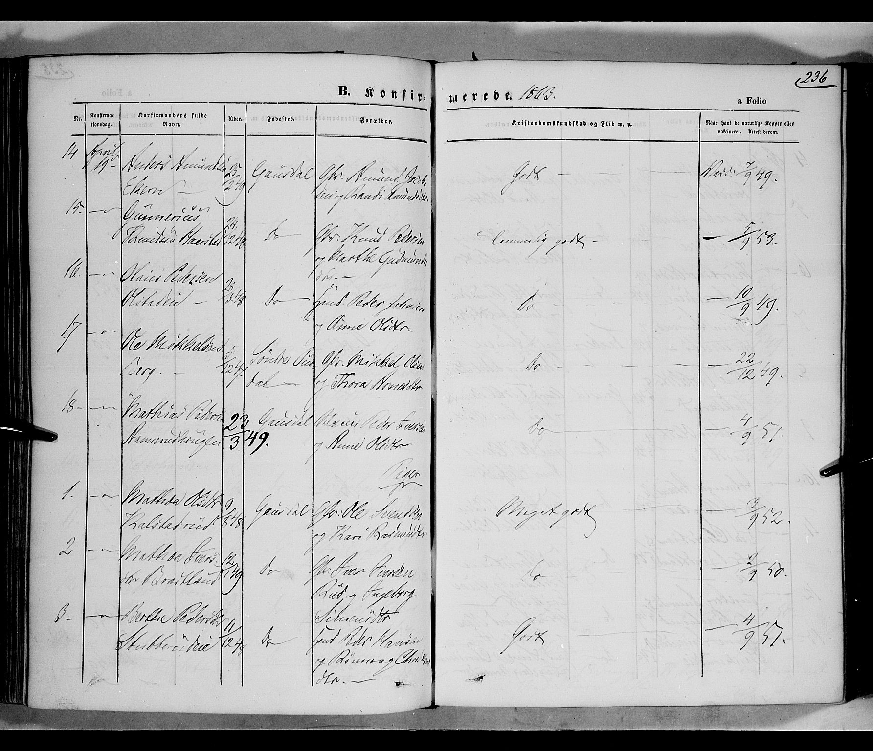 Gausdal prestekontor, SAH/PREST-090/H/Ha/Haa/L0009: Parish register (official) no. 9, 1862-1873, p. 236