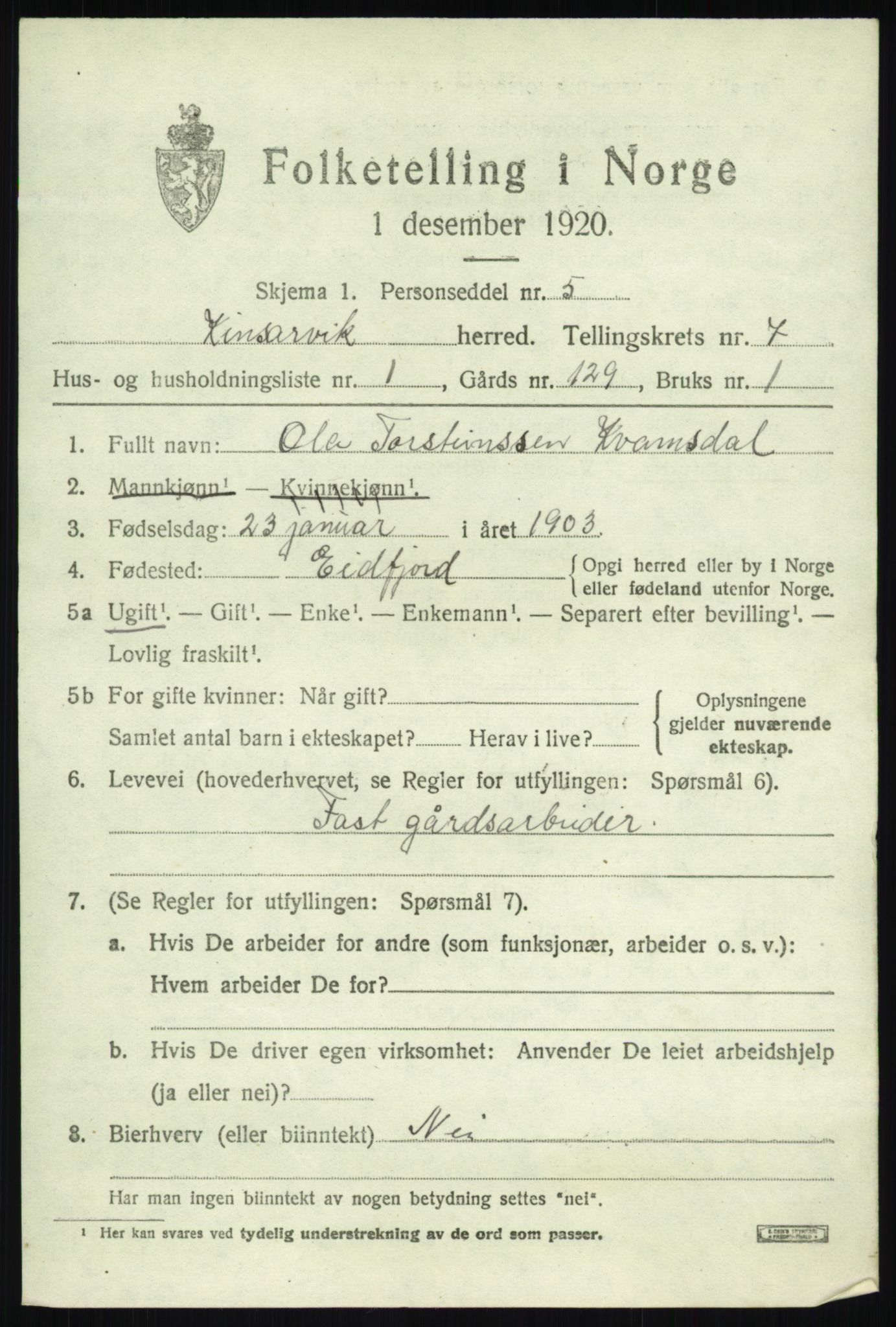 SAB, 1920 census for Kinsarvik, 1920, p. 3162