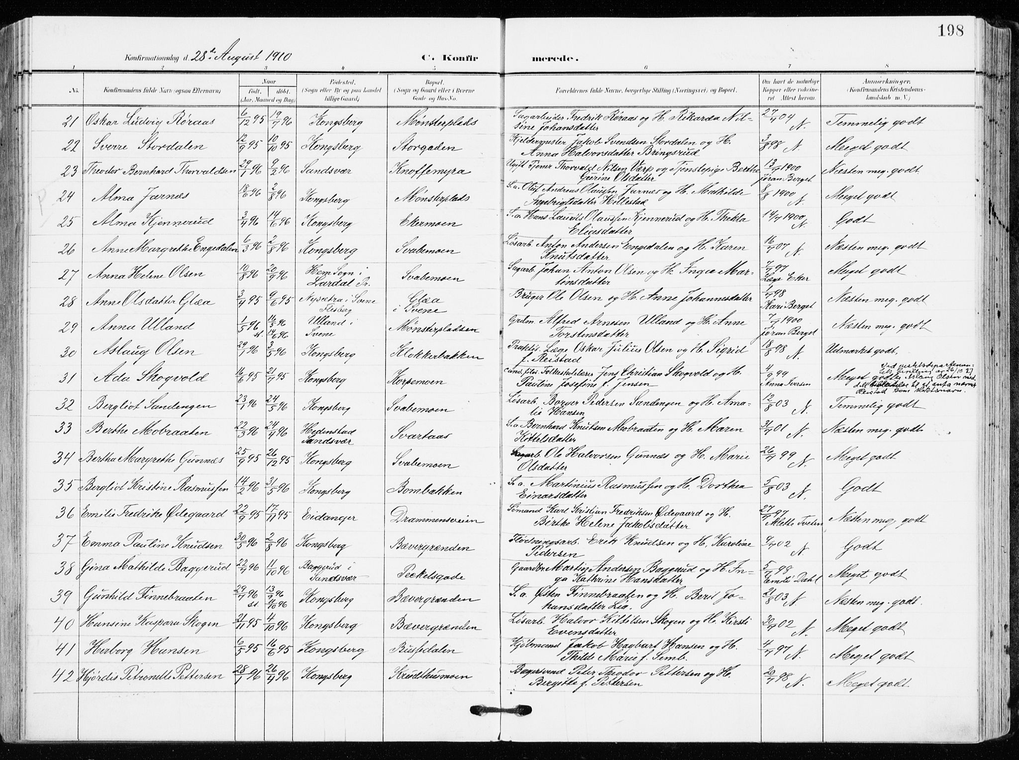 Kongsberg kirkebøker, AV/SAKO-A-22/F/Fb/L0004: Parish register (official) no. II 4, 1906-1918, p. 198