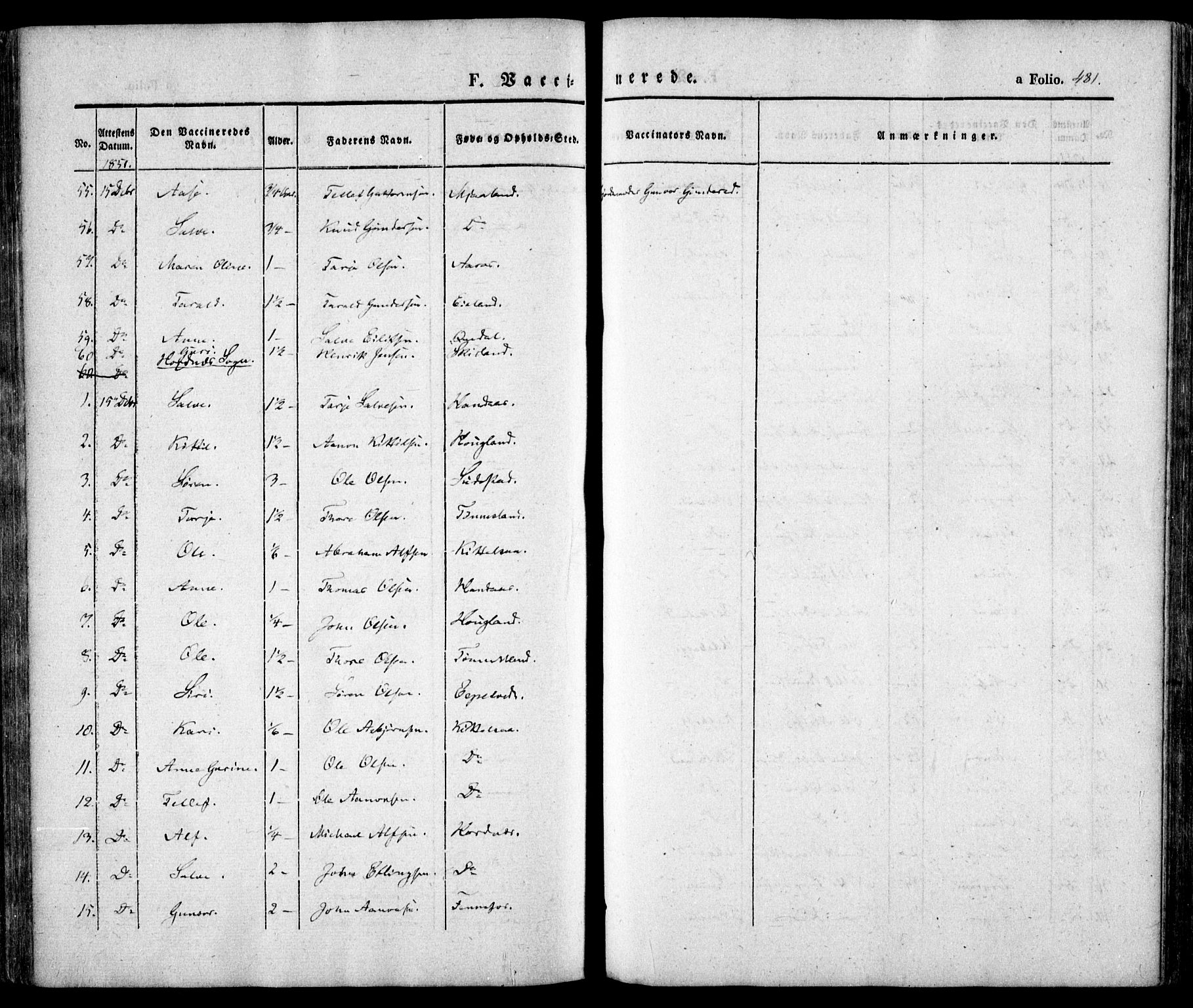 Evje sokneprestkontor, AV/SAK-1111-0008/F/Fa/Faa/L0005: Parish register (official) no. A 5, 1843-1865, p. 481