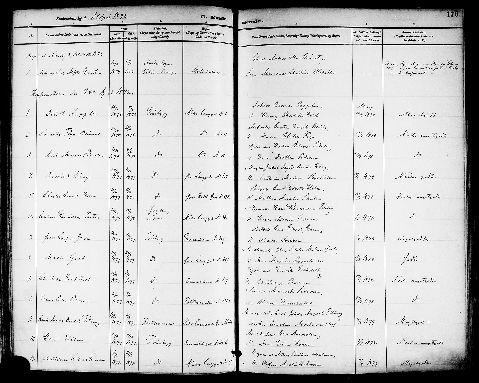 Tønsberg kirkebøker, SAKO/A-330/F/Fa/L0012: Parish register (official) no. I 12, 1891-1899, p. 176