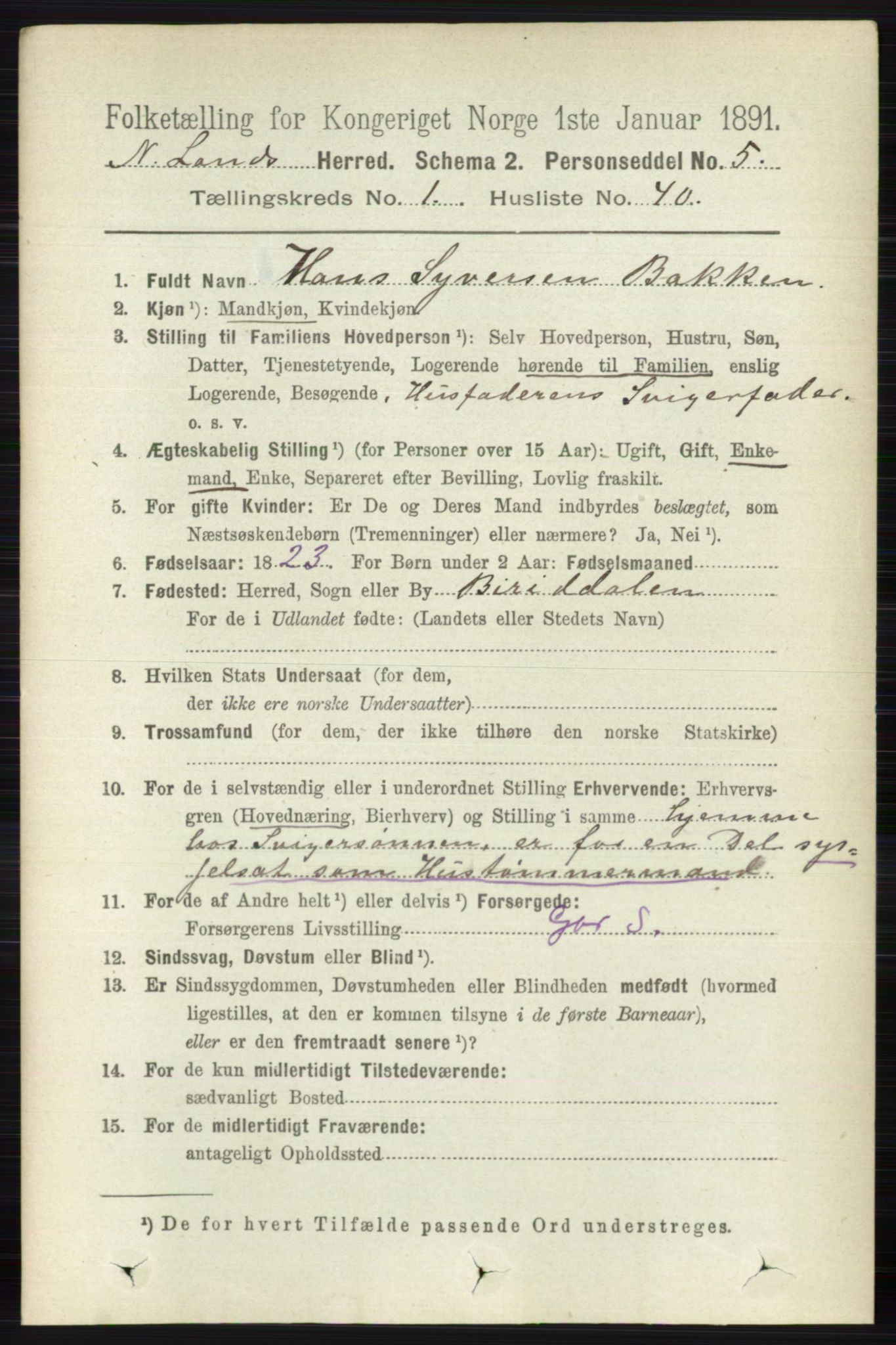 RA, 1891 census for 0538 Nordre Land, 1891, p. 375