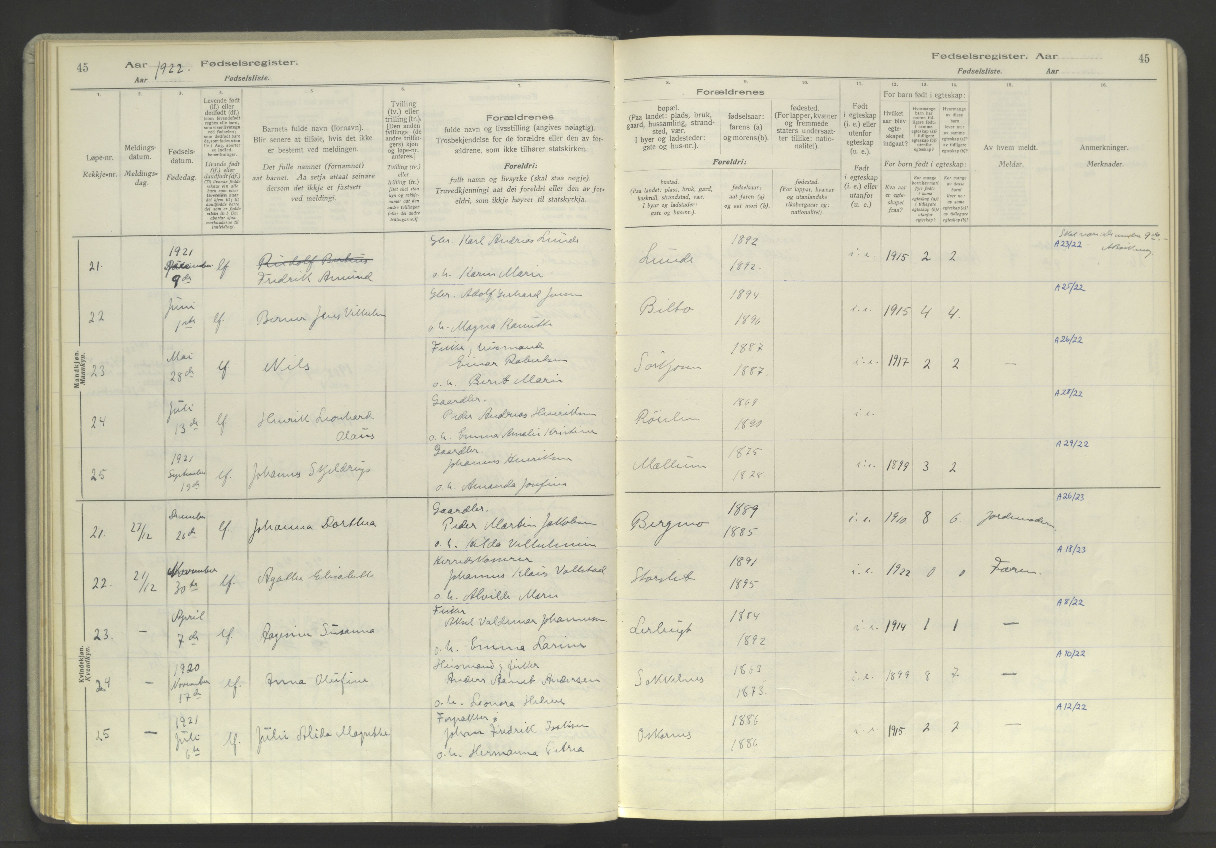 Skjervøy sokneprestkontor, SATØ/S-1300/I/Ia/L0060: Birth register no. 60, 1916-1947, p. 45