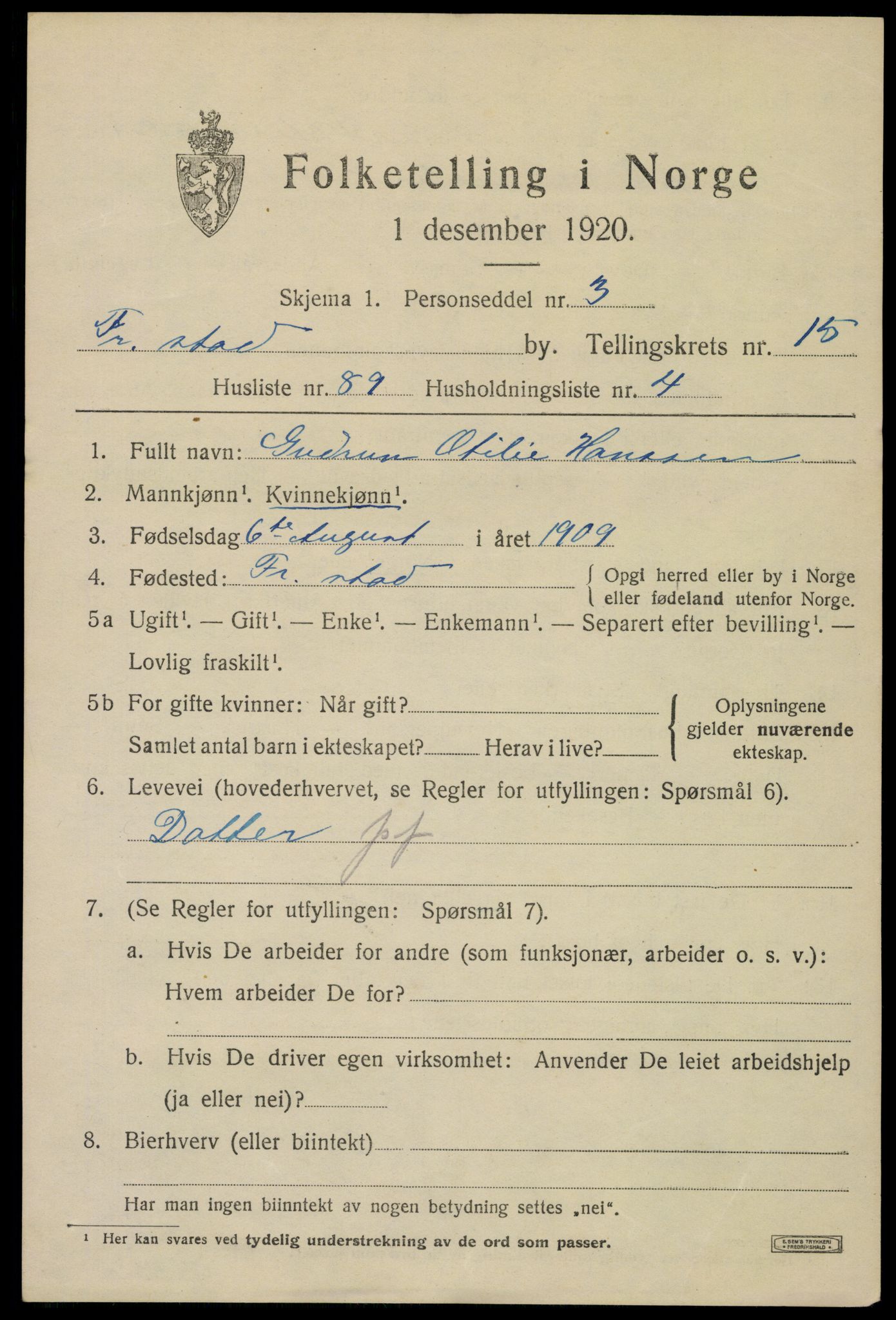 SAO, 1920 census for Fredrikstad, 1920, p. 37037