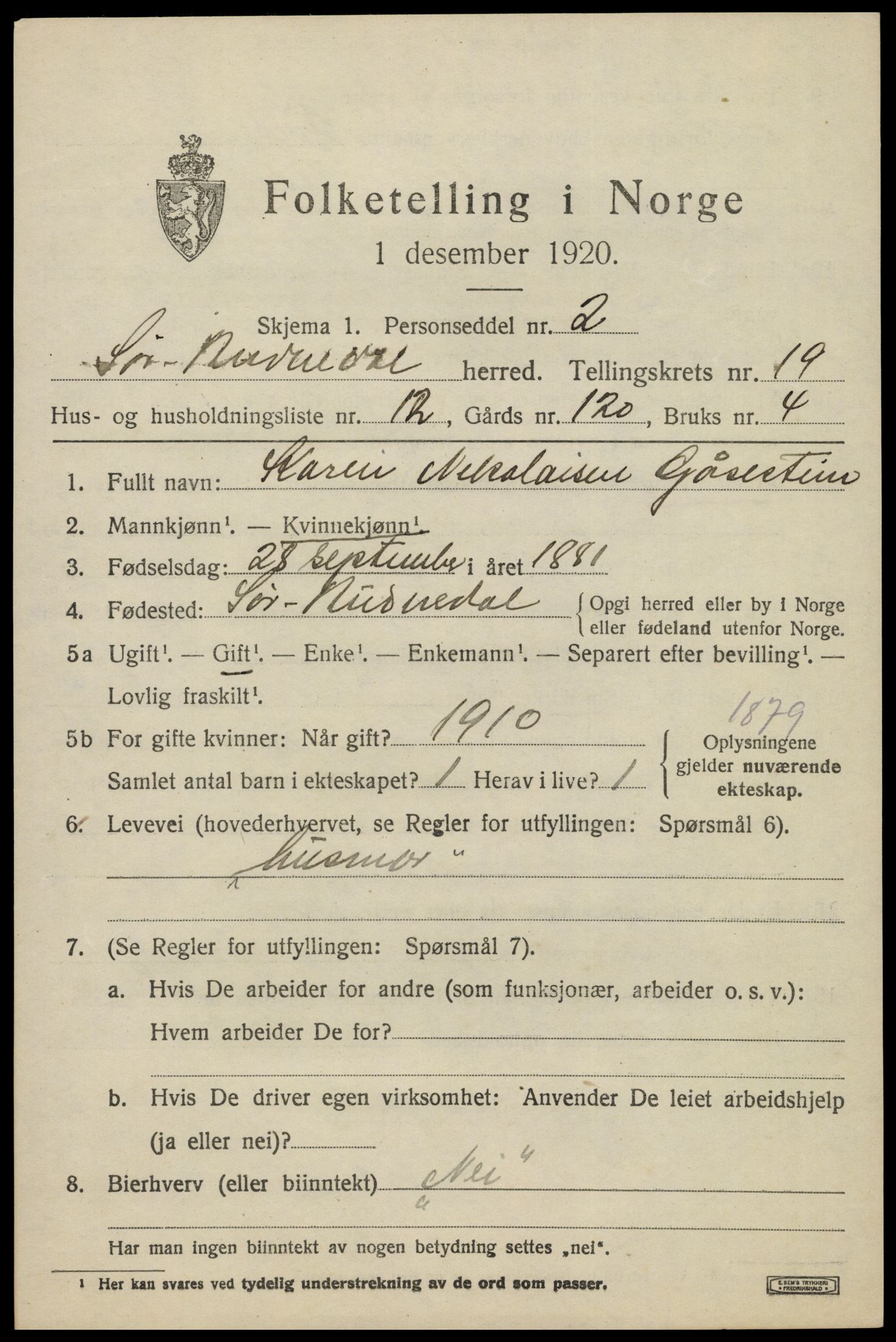 SAK, 1920 census for Sør-Audnedal, 1920, p. 6677
