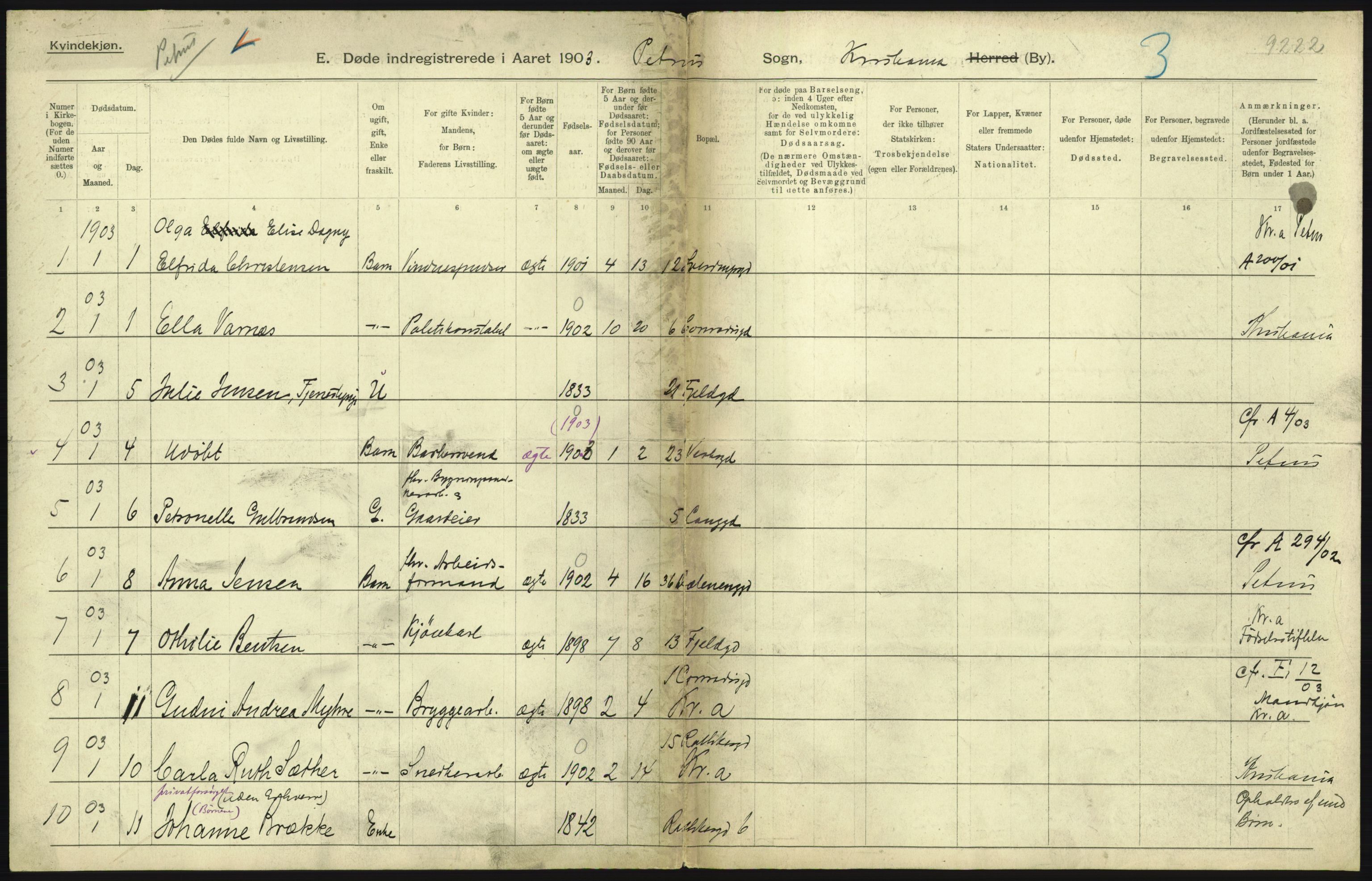 Statistisk sentralbyrå, Sosiodemografiske emner, Befolkning, AV/RA-S-2228/D/Df/Dfa/Dfaa/L0004: Kristiania: Gifte, døde, 1903, p. 329