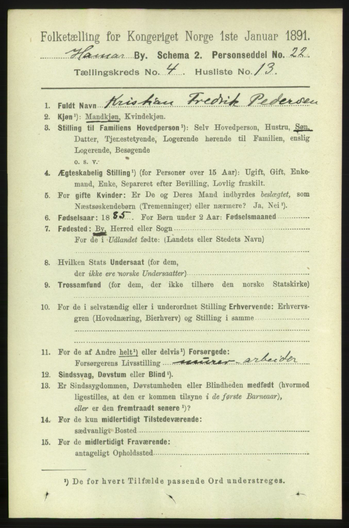 RA, 1891 census for 0401 Hamar, 1891, p. 3023