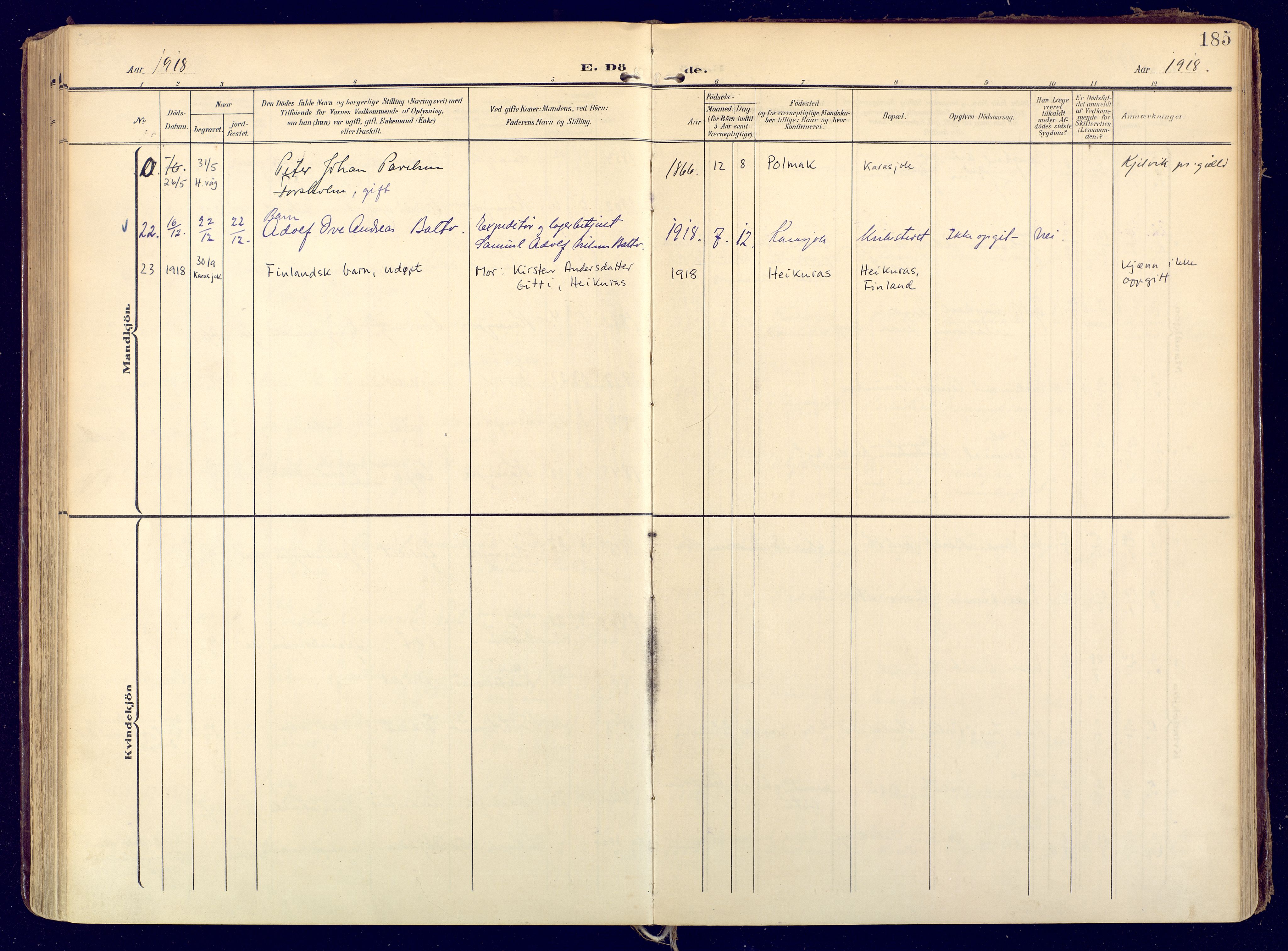 Karasjok sokneprestkontor, SATØ/S-1352/H/Ha: Parish register (official) no. 3, 1907-1926, p. 185