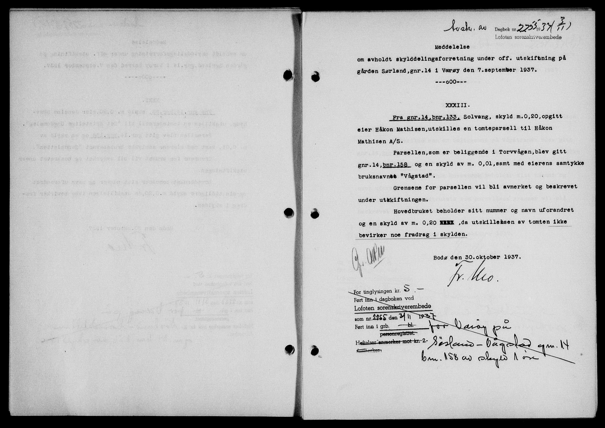 Lofoten sorenskriveri, SAT/A-0017/1/2/2C/L0003a: Mortgage book no. 3a, 1937-1938, Diary no: : 2255/1937