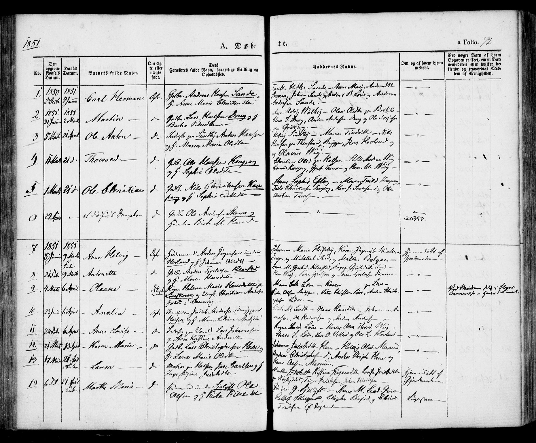 Tjølling kirkebøker, SAKO/A-60/F/Fa/L0006: Parish register (official) no. 6, 1835-1859, p. 72