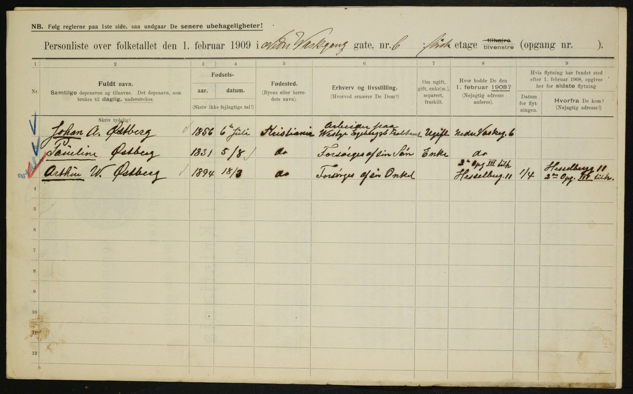 OBA, Municipal Census 1909 for Kristiania, 1909, p. 63044