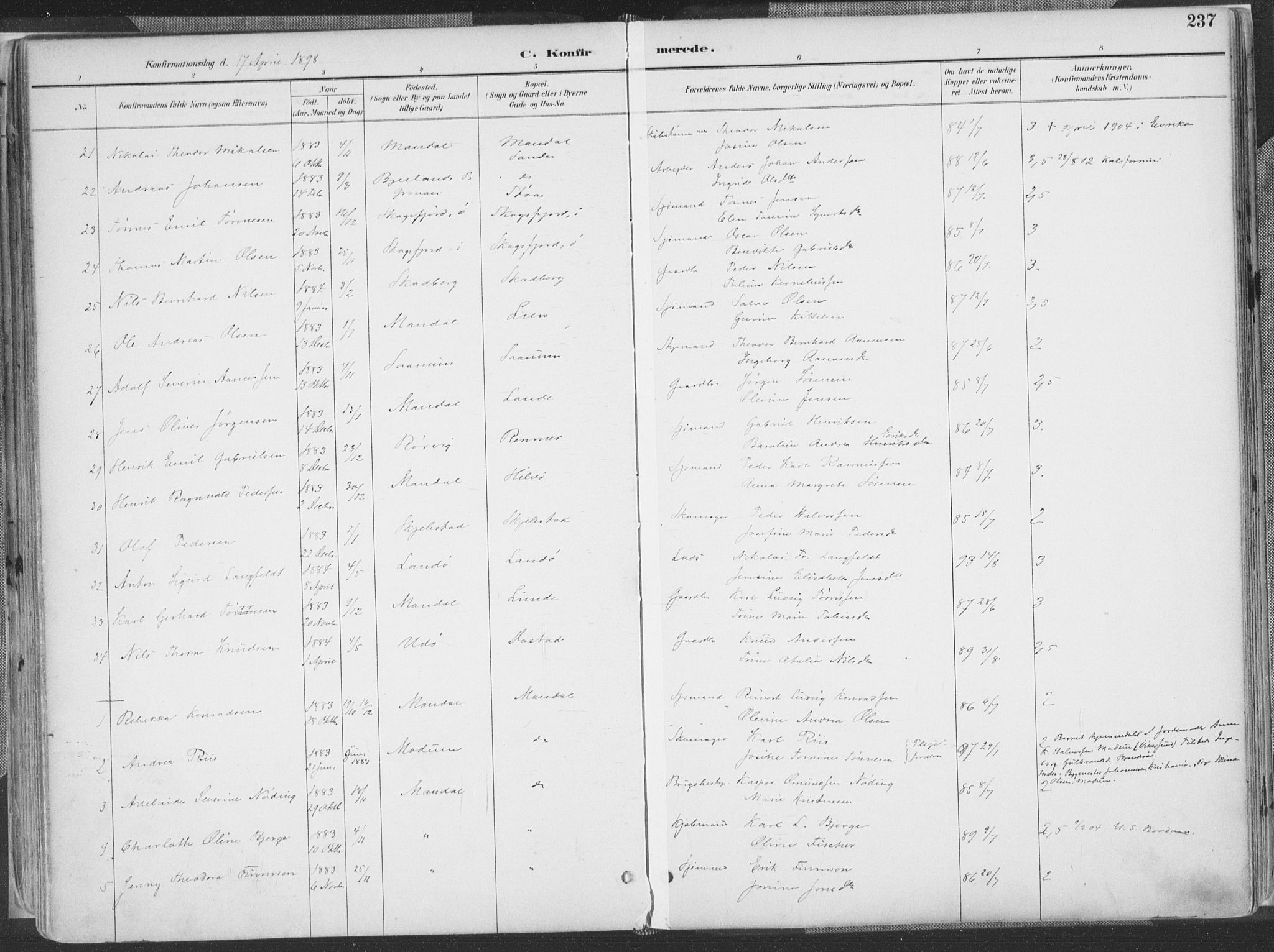 Mandal sokneprestkontor, SAK/1111-0030/F/Fa/Faa/L0018: Parish register (official) no. A 18, 1890-1905, p. 237