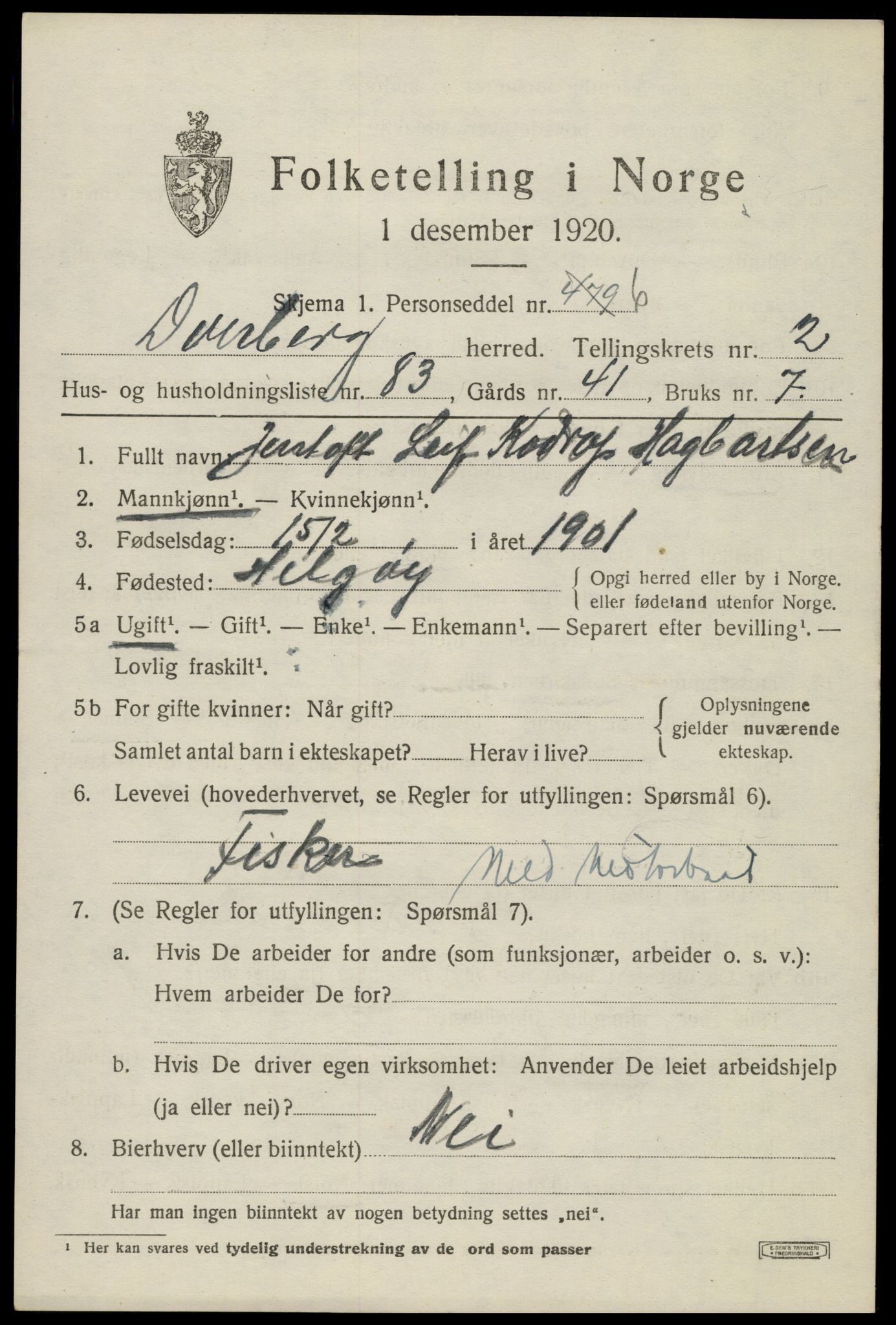 SAT, 1920 census for Dverberg, 1920, p. 3654