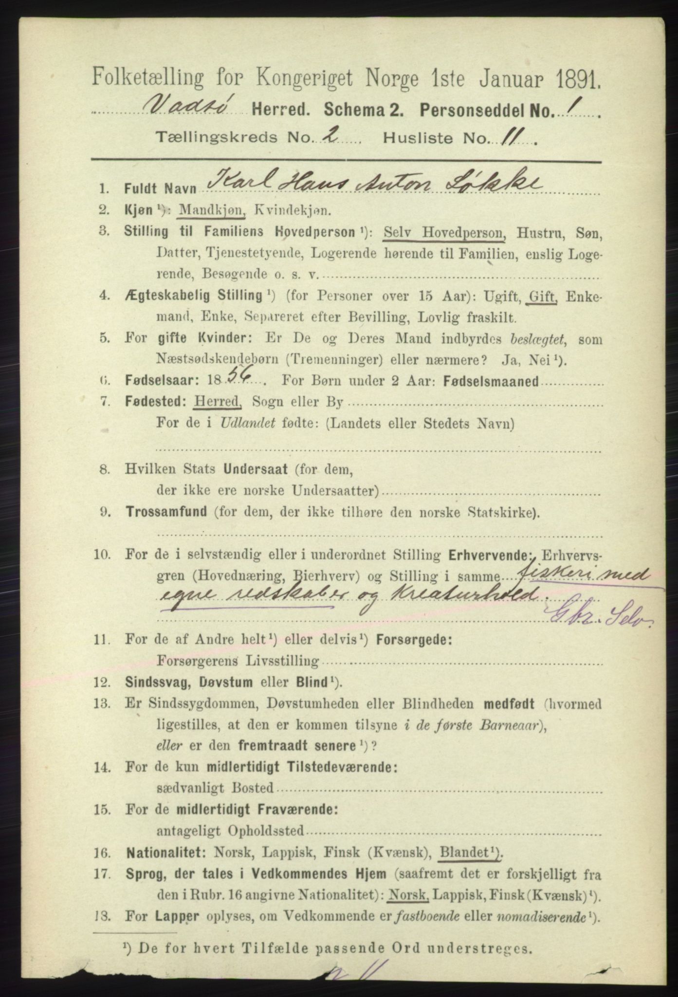 RA, 1891 census for 2029 Vadsø, 1891, p. 498