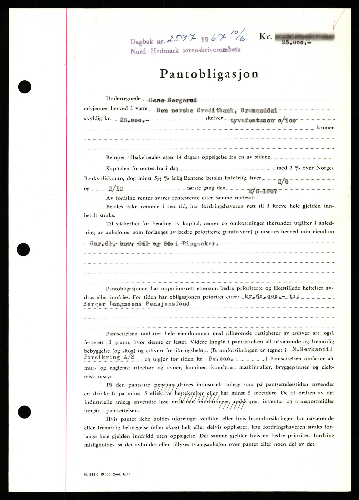 Nord-Hedmark sorenskriveri, SAH/TING-012/H/Hb/Hbf/L0071: Mortgage book no. B71, 1967-1967, Diary no: : 2597/1967