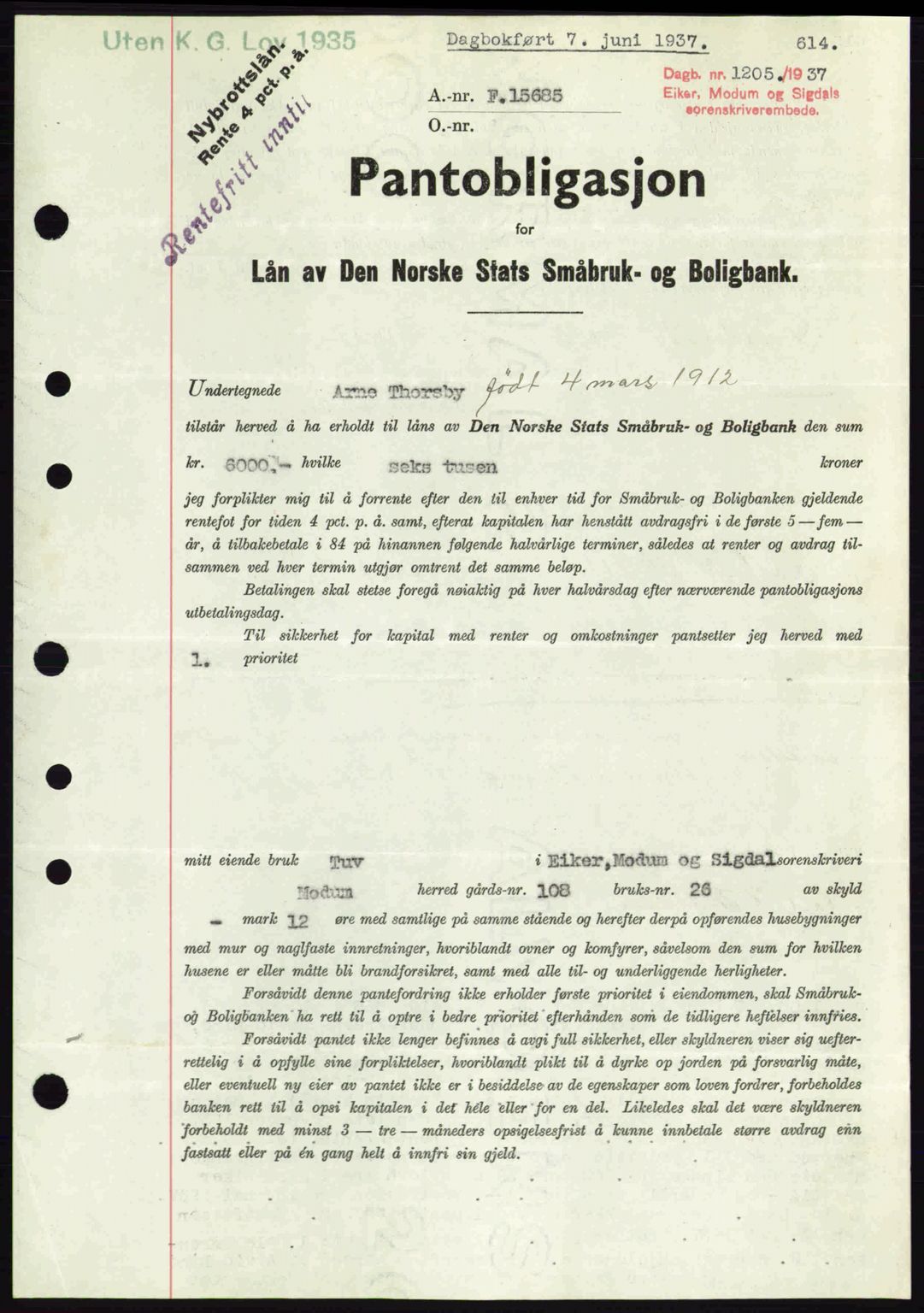 Eiker, Modum og Sigdal sorenskriveri, SAKO/A-123/G/Ga/Gab/L0035: Mortgage book no. A5, 1937-1937, Diary no: : 1205/1937