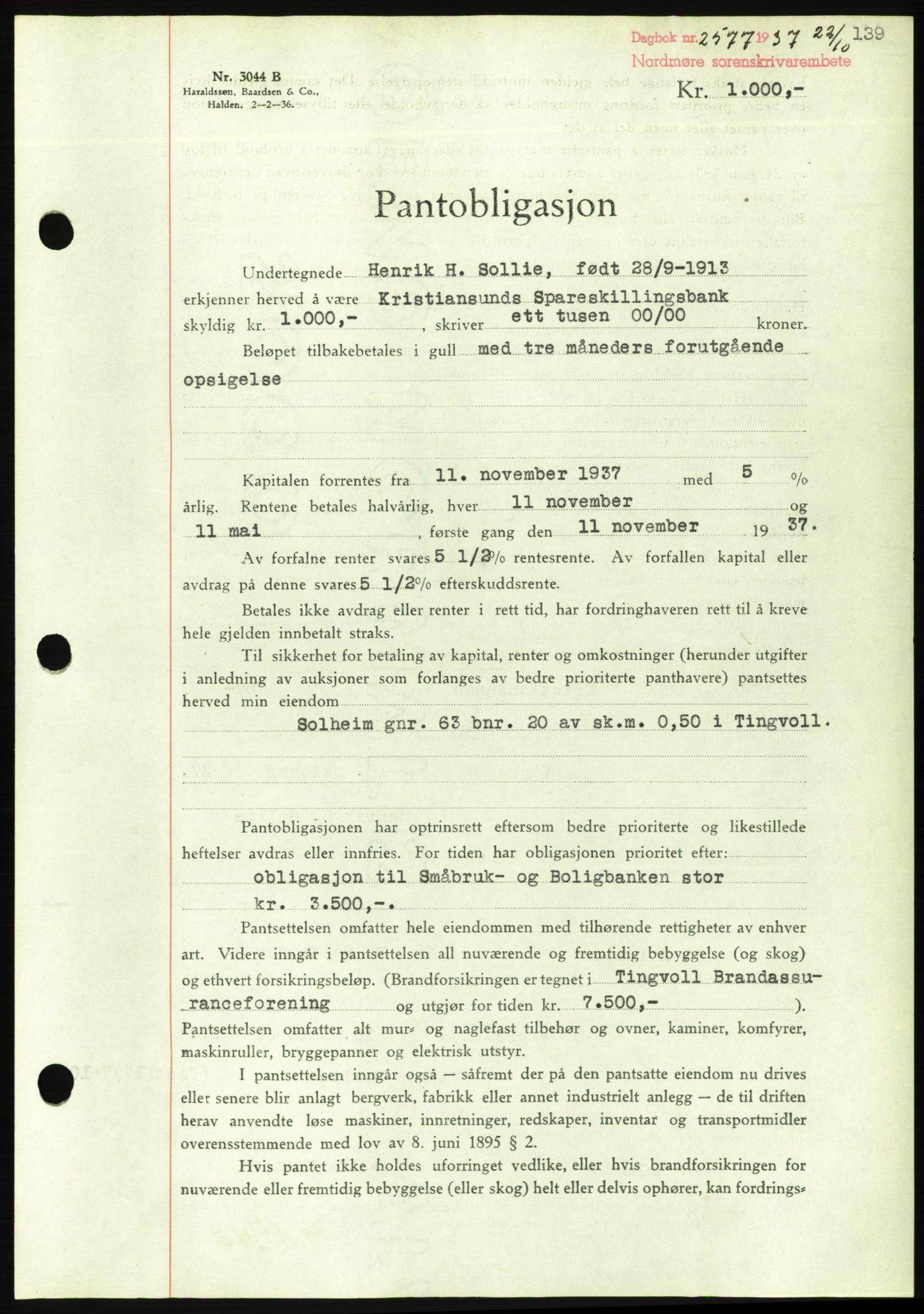 Nordmøre sorenskriveri, AV/SAT-A-4132/1/2/2Ca/L0092: Mortgage book no. B82, 1937-1938, Diary no: : 2577/1937