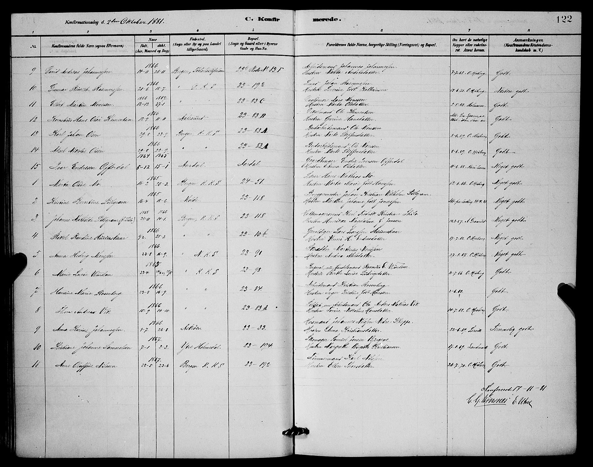 Mariakirken Sokneprestembete, AV/SAB-A-76901/H/Hab/L0004: Parish register (copy) no. A 4, 1878-1892, p. 122