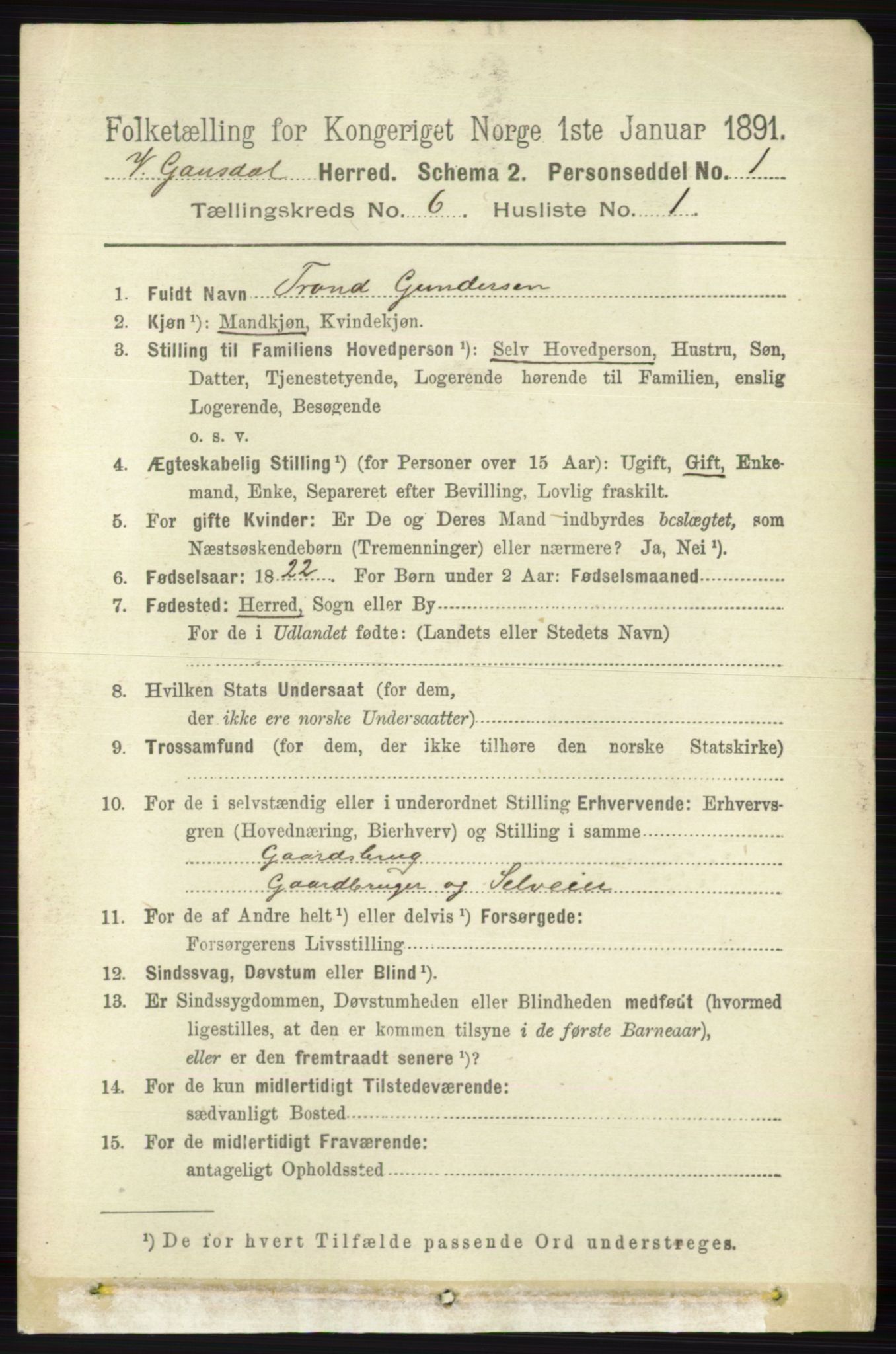 RA, 1891 census for 0523 Vestre Gausdal, 1891, p. 2554