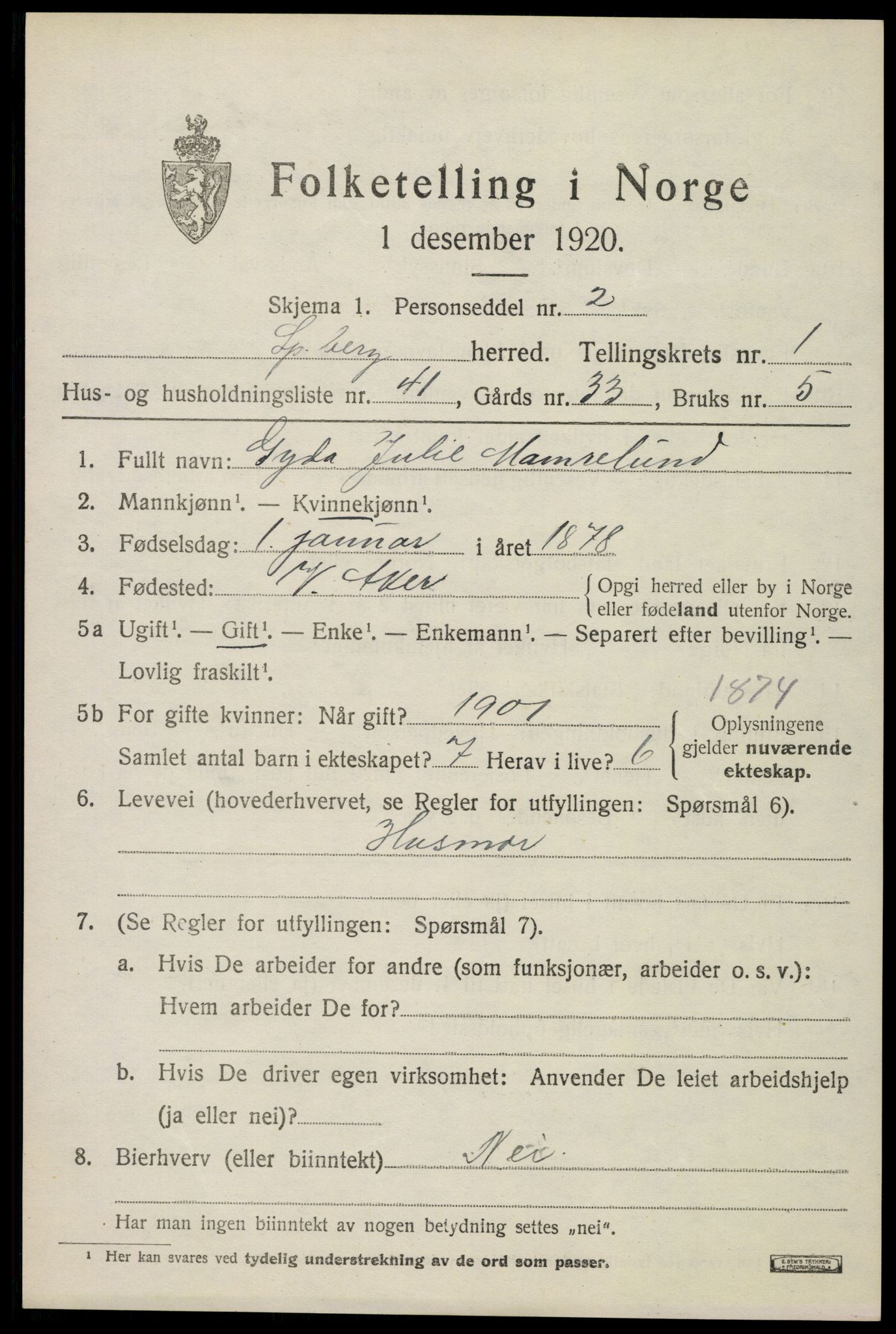 SAO, 1920 census for Spydeberg, 1920, p. 1567