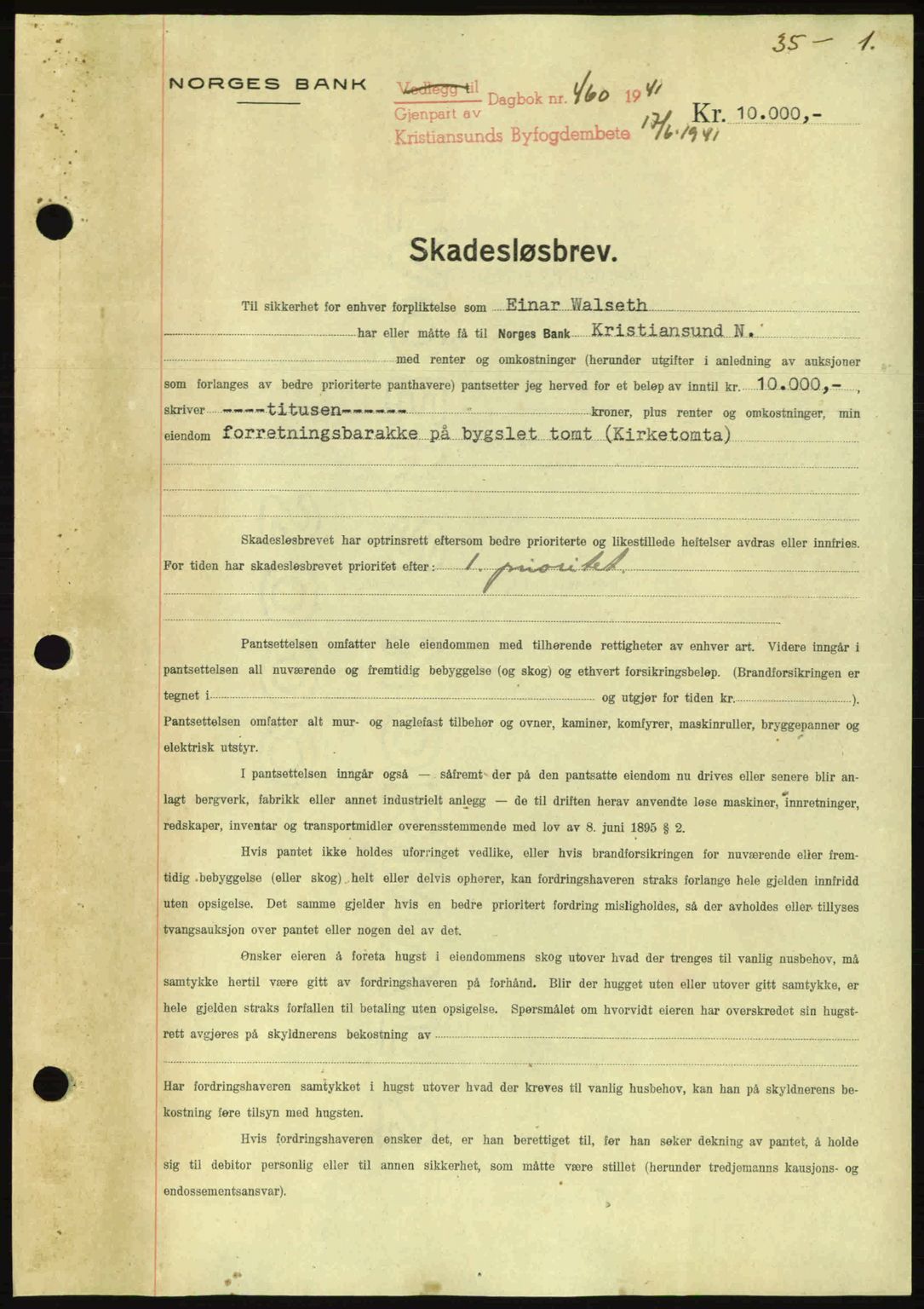 Kristiansund byfogd, AV/SAT-A-4587/A/27: Mortgage book no. 35, 1941-1942, Diary no: : 460/1941