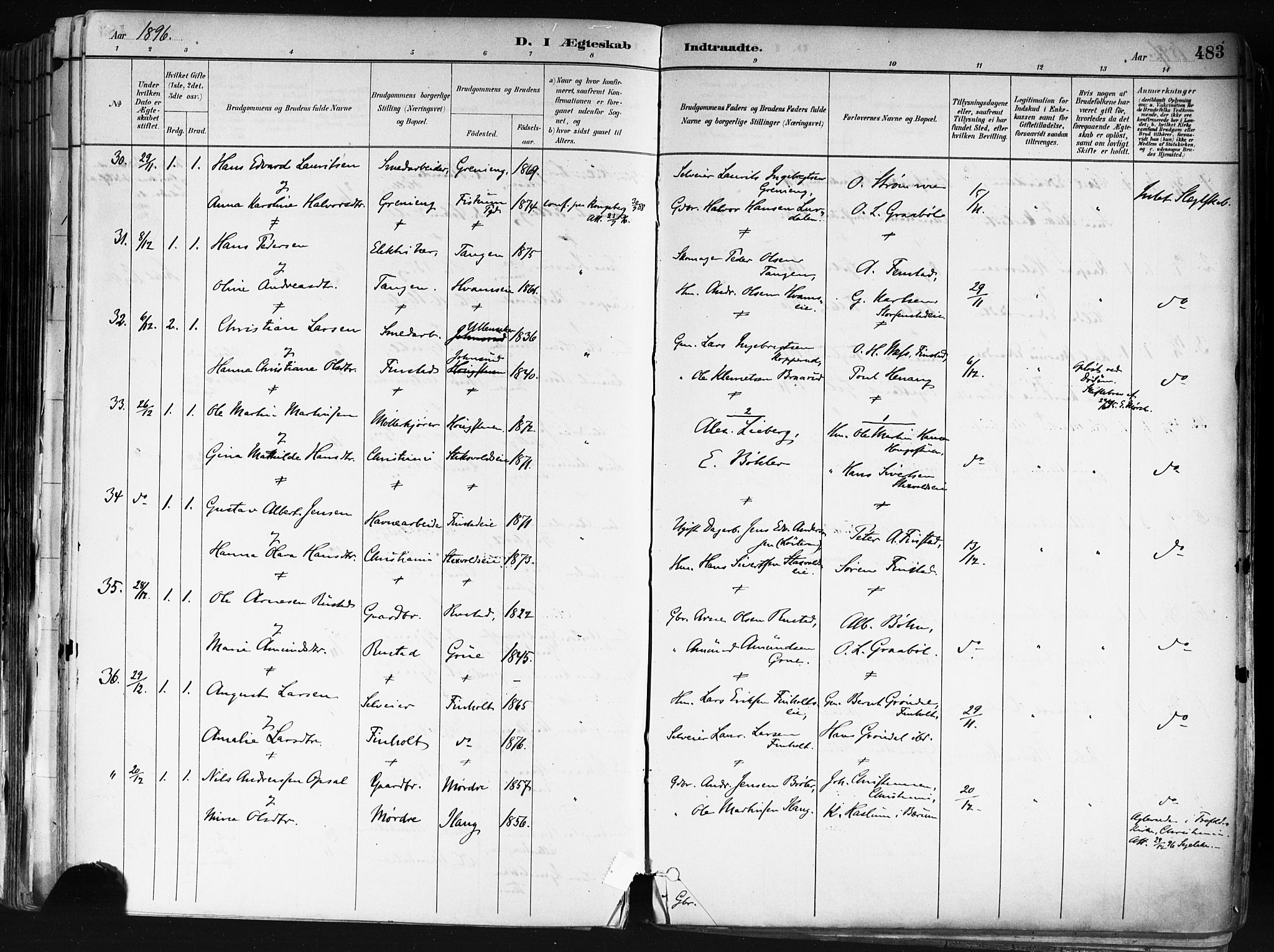 Nes prestekontor Kirkebøker, AV/SAO-A-10410/F/Fa/L0010: Parish register (official) no. I 10, 1883-1898, p. 483