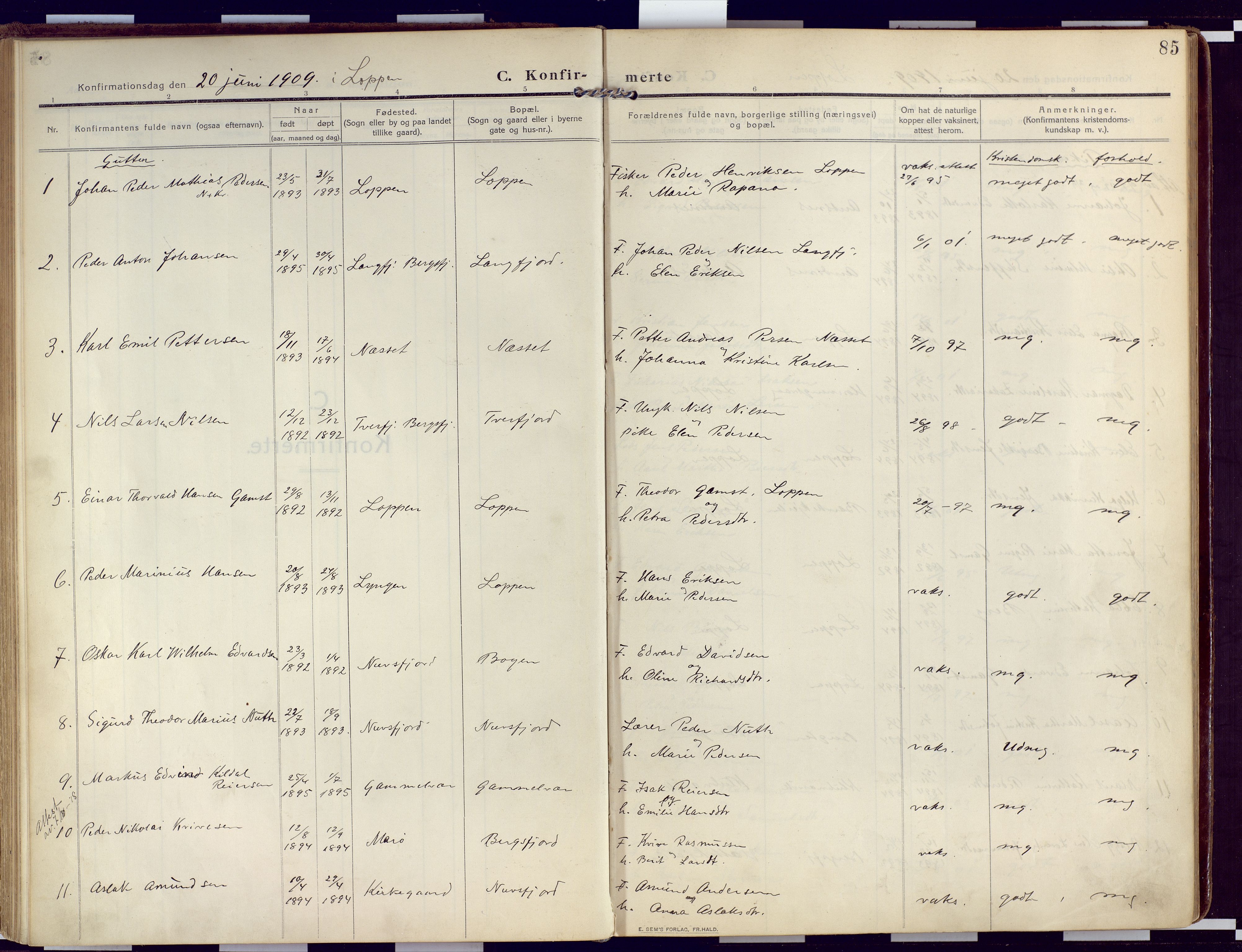Loppa sokneprestkontor, SATØ/S-1339/H/Ha/L0011kirke: Parish register (official) no. 11, 1909-1919, p. 85