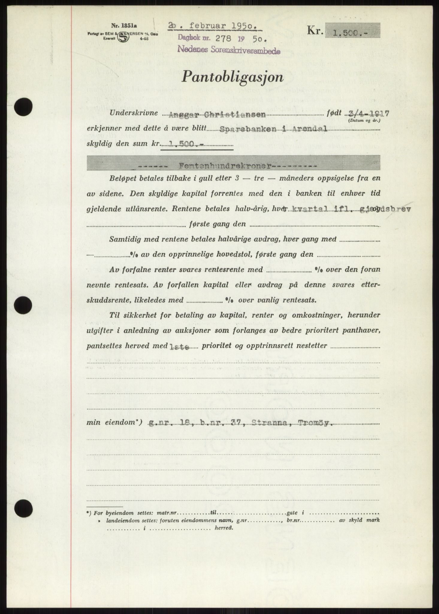 Nedenes sorenskriveri, AV/SAK-1221-0006/G/Gb/Gbb/L0007: Mortgage book no. B7, 1949-1950, Diary no: : 278/1950