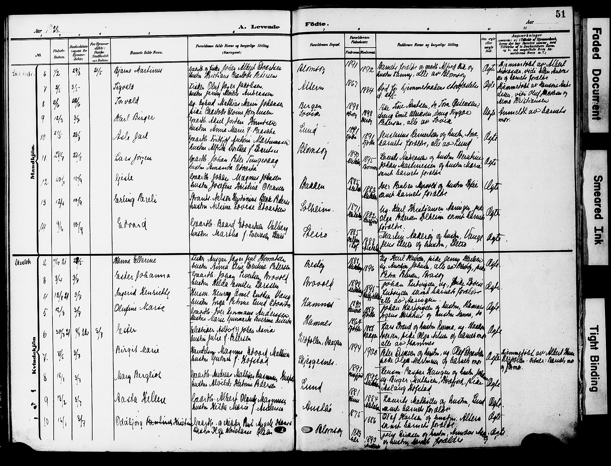 Ministerialprotokoller, klokkerbøker og fødselsregistre - Nordland, AV/SAT-A-1459/830/L0464: Parish register (copy) no. 830C06, 1906-1925, p. 51