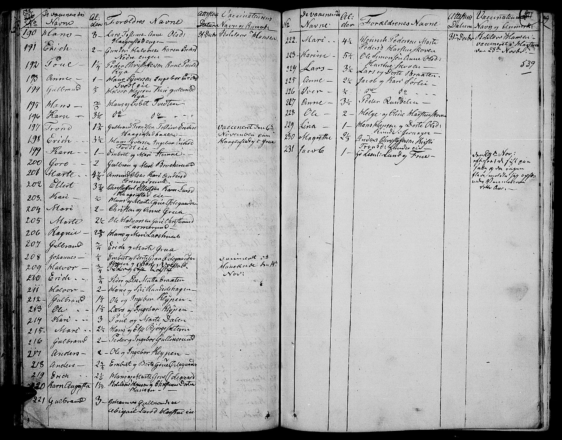 Jevnaker prestekontor, SAH/PREST-116/H/Ha/Haa/L0004: Parish register (official) no. 4, 1800-1861, p. 538-539