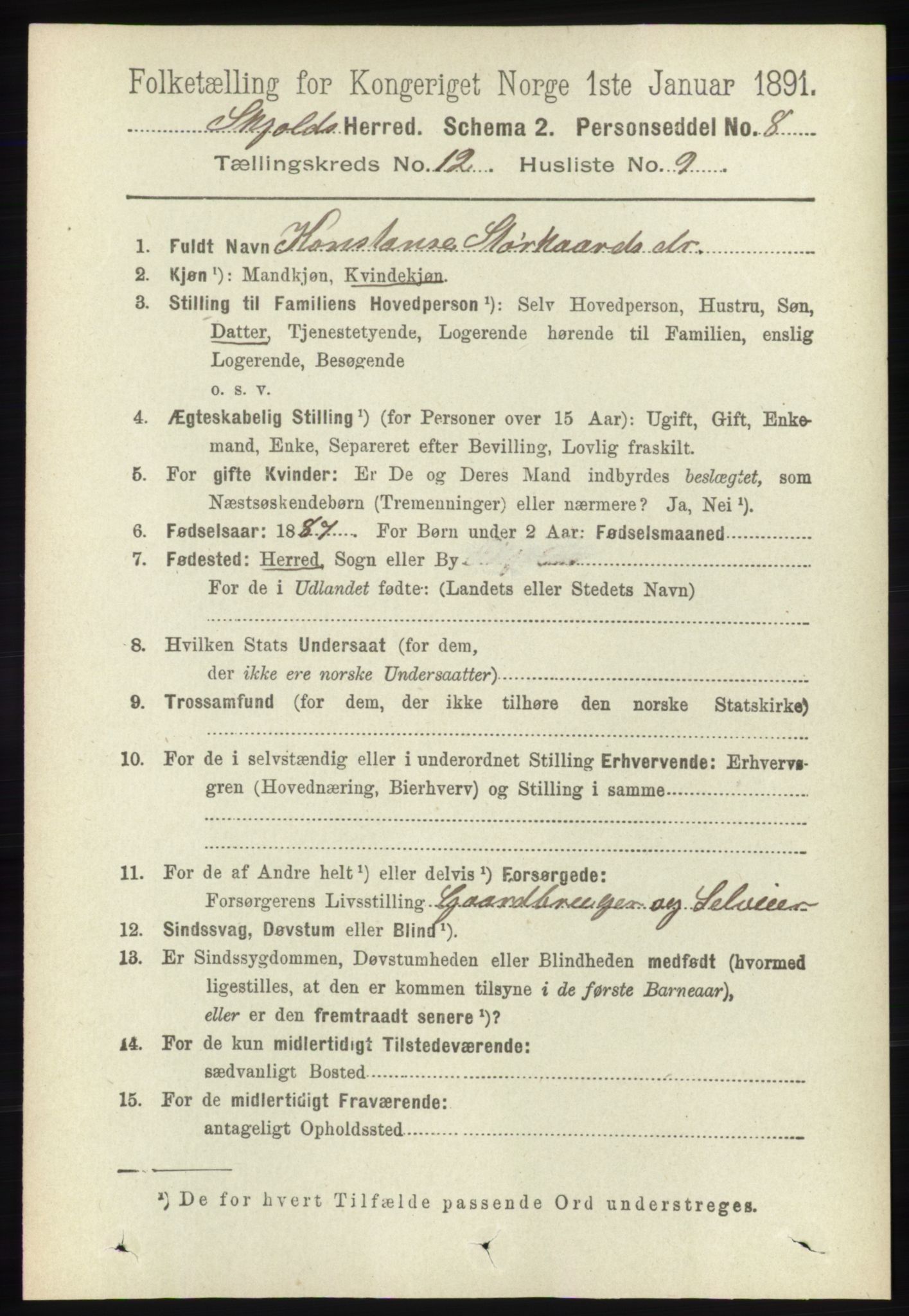 RA, 1891 census for 1154 Skjold, 1891, p. 2295