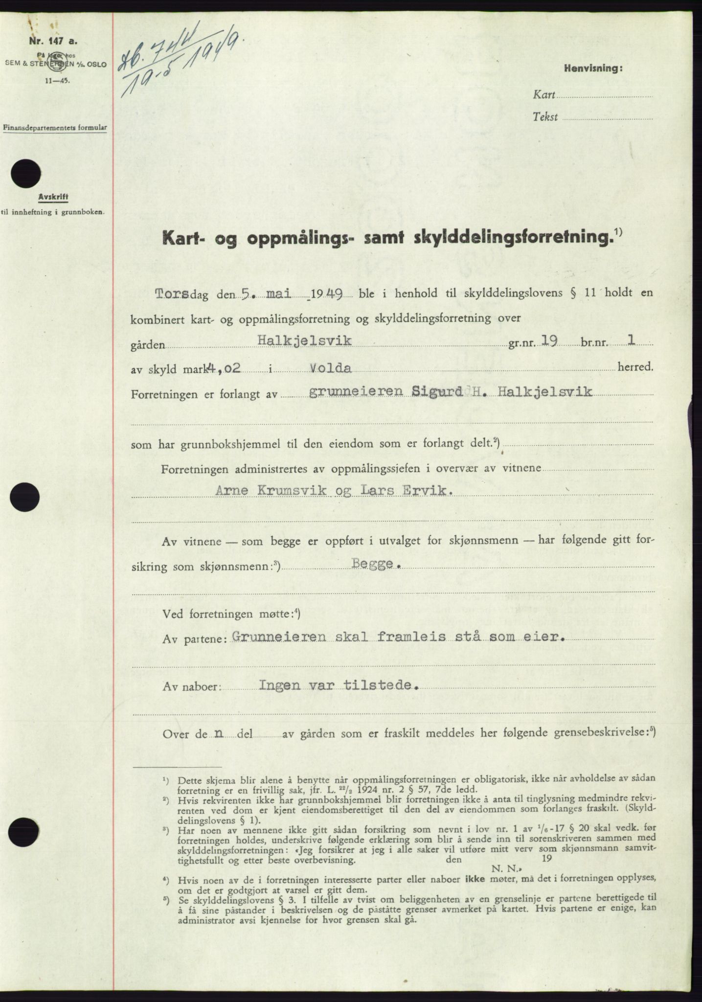 Søre Sunnmøre sorenskriveri, AV/SAT-A-4122/1/2/2C/L0084: Mortgage book no. 10A, 1949-1949, Diary no: : 744/1949