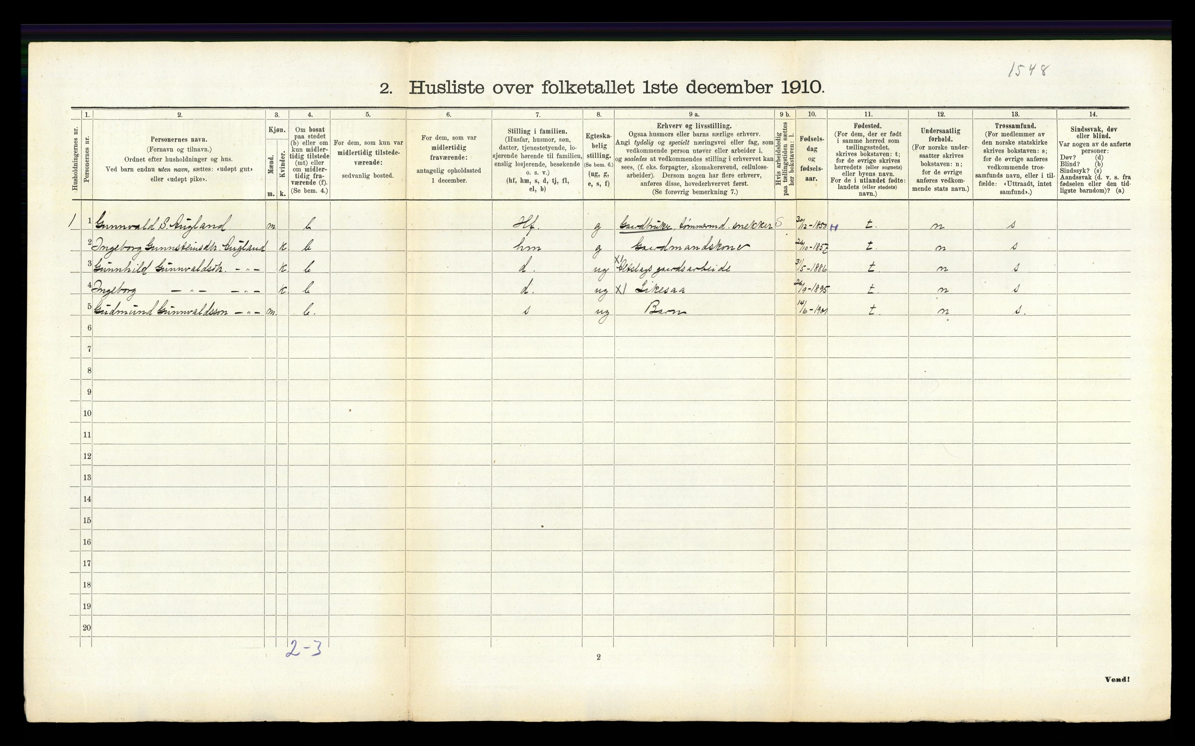 RA, 1910 census for Oddernes, 1910, p. 626