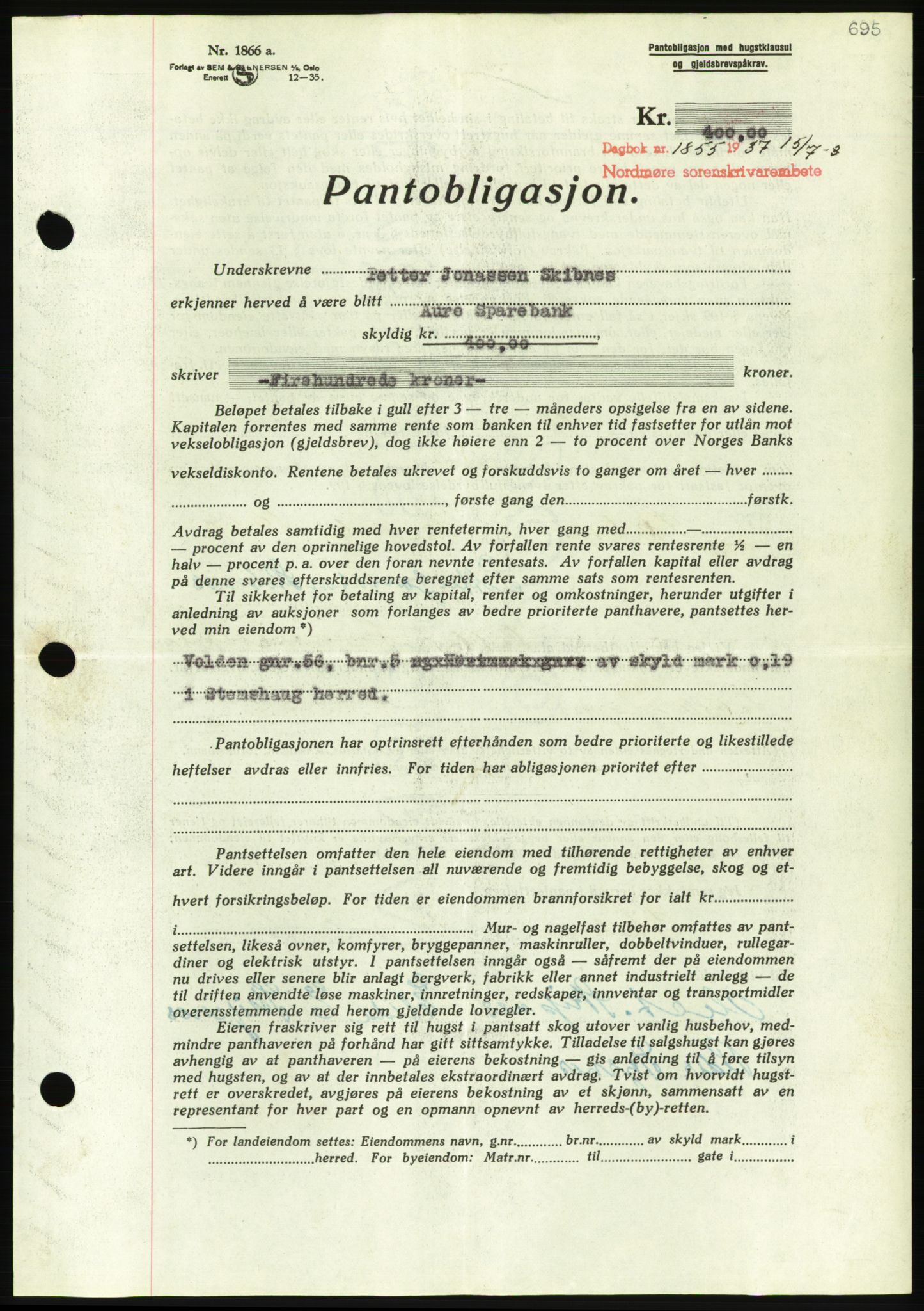 Nordmøre sorenskriveri, AV/SAT-A-4132/1/2/2Ca/L0091: Mortgage book no. B81, 1937-1937, Diary no: : 1855/1937