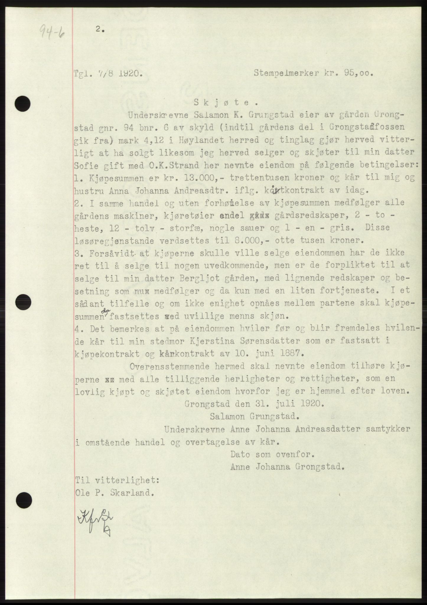 Namdal sorenskriveri, SAT/A-4133/1/2/2C: Mortgage book no. -, 1916-1921, Deed date: 07.08.1920