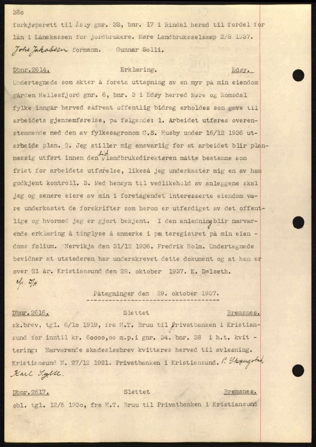 Nordmøre sorenskriveri, AV/SAT-A-4132/1/2/2Ca: Mortgage book no. C80, 1936-1939, Diary no: : 2614/1937