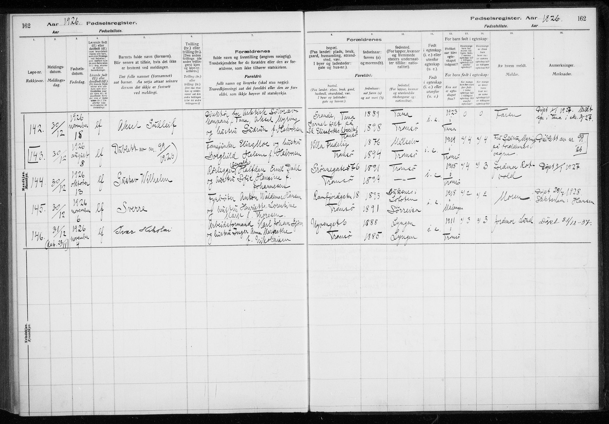 Tromsø sokneprestkontor/stiftsprosti/domprosti, AV/SATØ-S-1343/H/Ha/L0132: Birth register no. 132, 1921-1927, p. 162