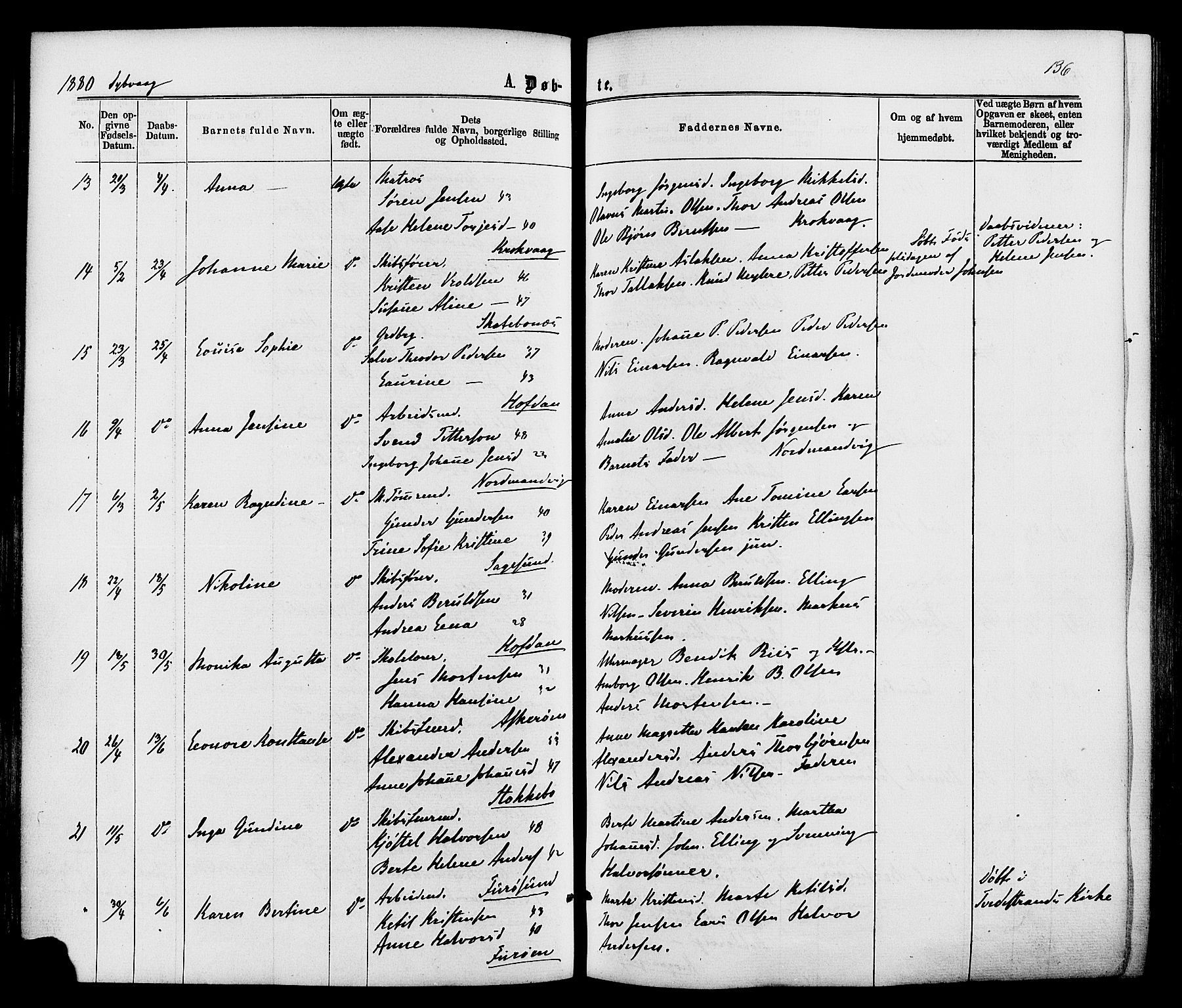 Dypvåg sokneprestkontor, AV/SAK-1111-0007/F/Fa/Faa/L0007: Parish register (official) no. A 7/ 1, 1872-1884, p. 136