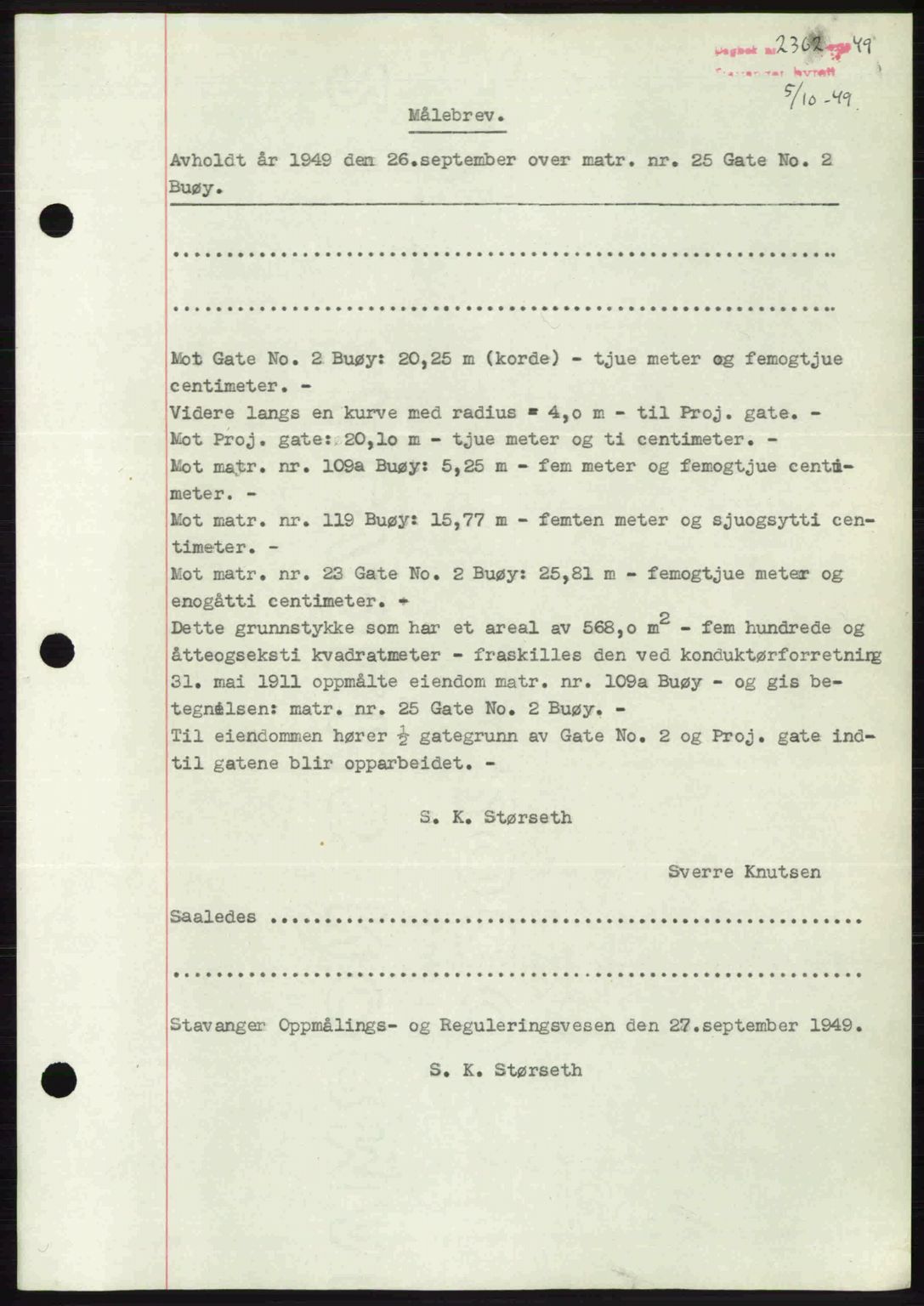 Stavanger byrett, SAST/A-100455/002/G/Gb/L0023: Mortgage book no. A12, 1948-1949, Diary no: : 2362/1949