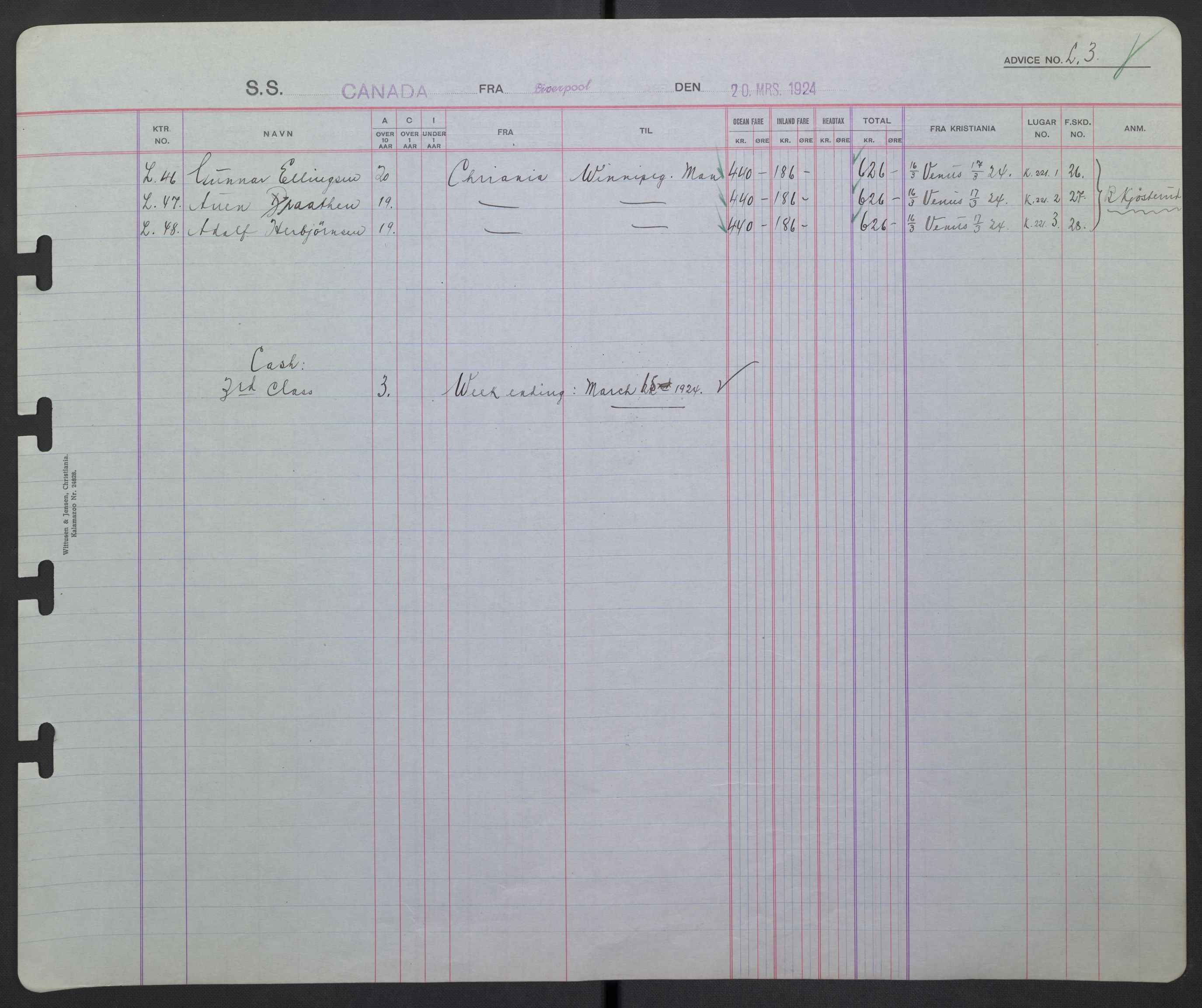 White Star-linjen, AV/SAO-PAO-0201/D/Db/L0003: Passasjerlister, 1924-1938, p. 10