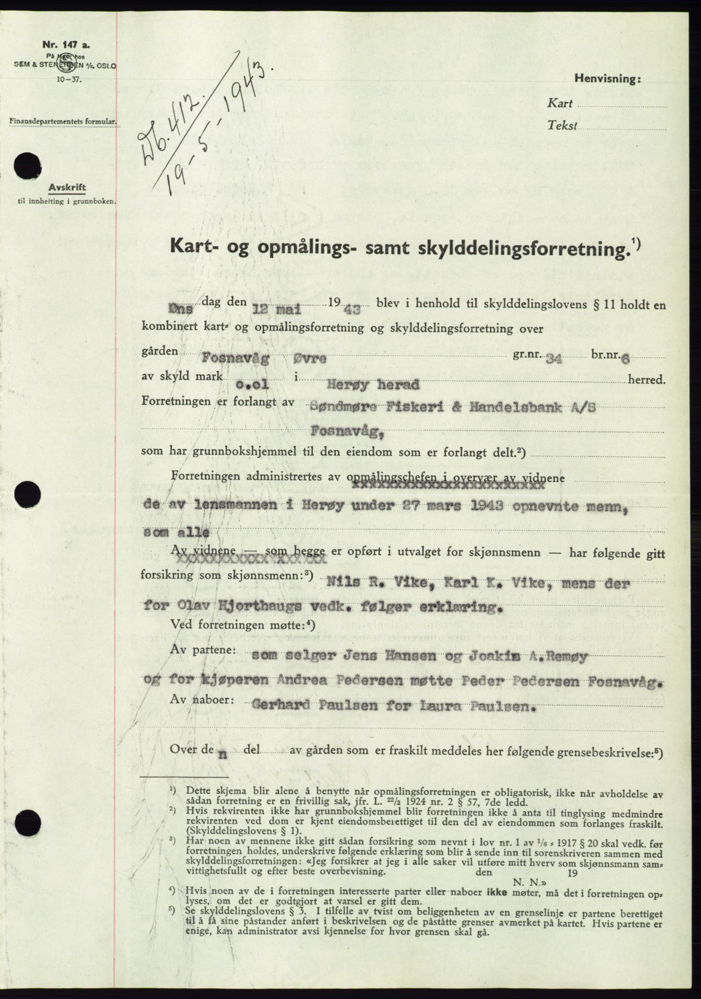 Søre Sunnmøre sorenskriveri, AV/SAT-A-4122/1/2/2C/L0075: Mortgage book no. 1A, 1943-1943, Diary no: : 412/1943