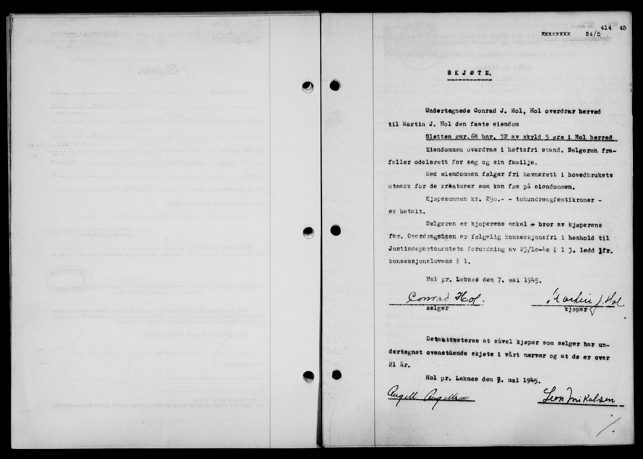 Lofoten sorenskriveri, SAT/A-0017/1/2/2C/L0013a: Mortgage book no. 13a, 1944-1946, Diary no: : 414/1945