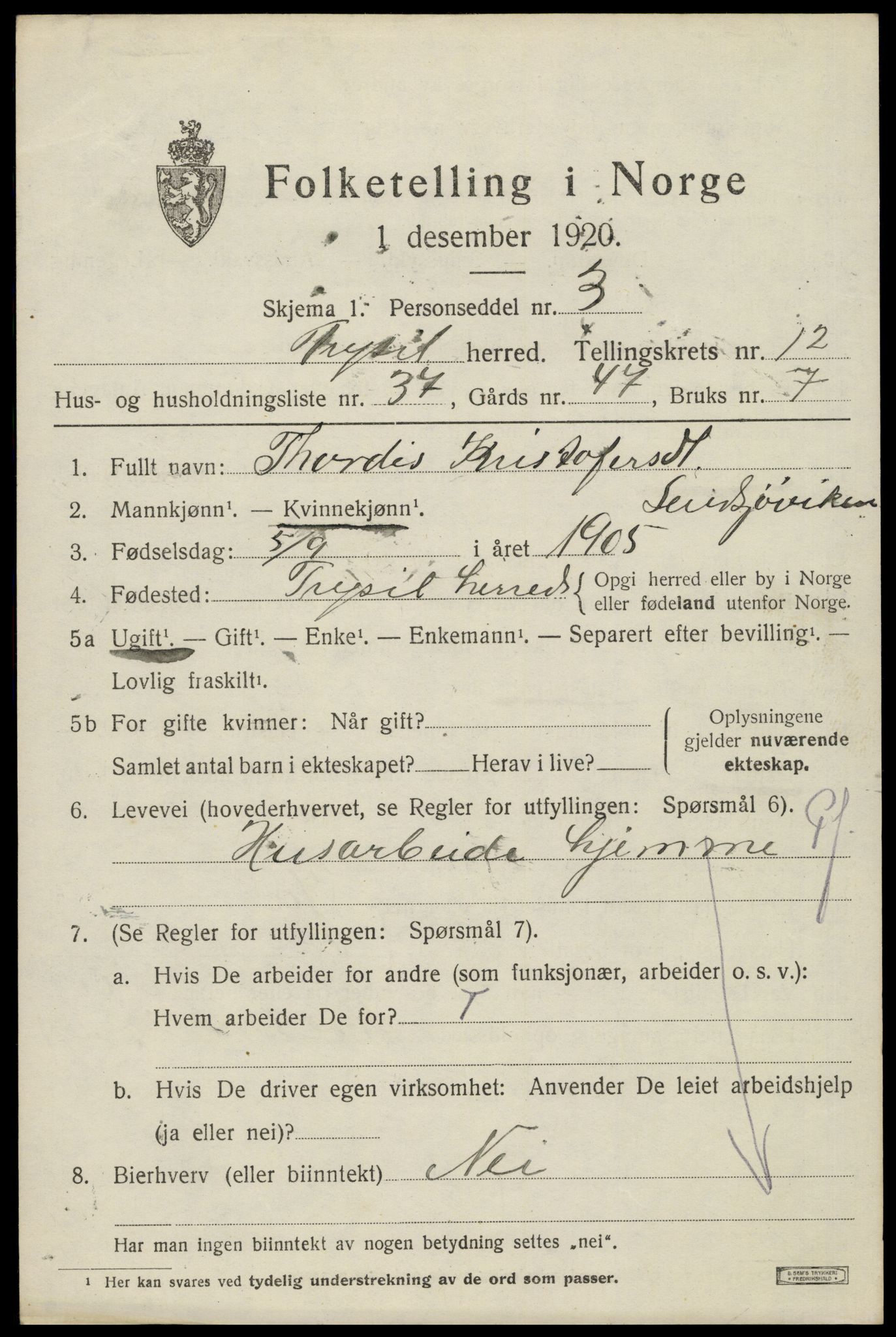 SAH, 1920 census for Trysil, 1920, p. 7609