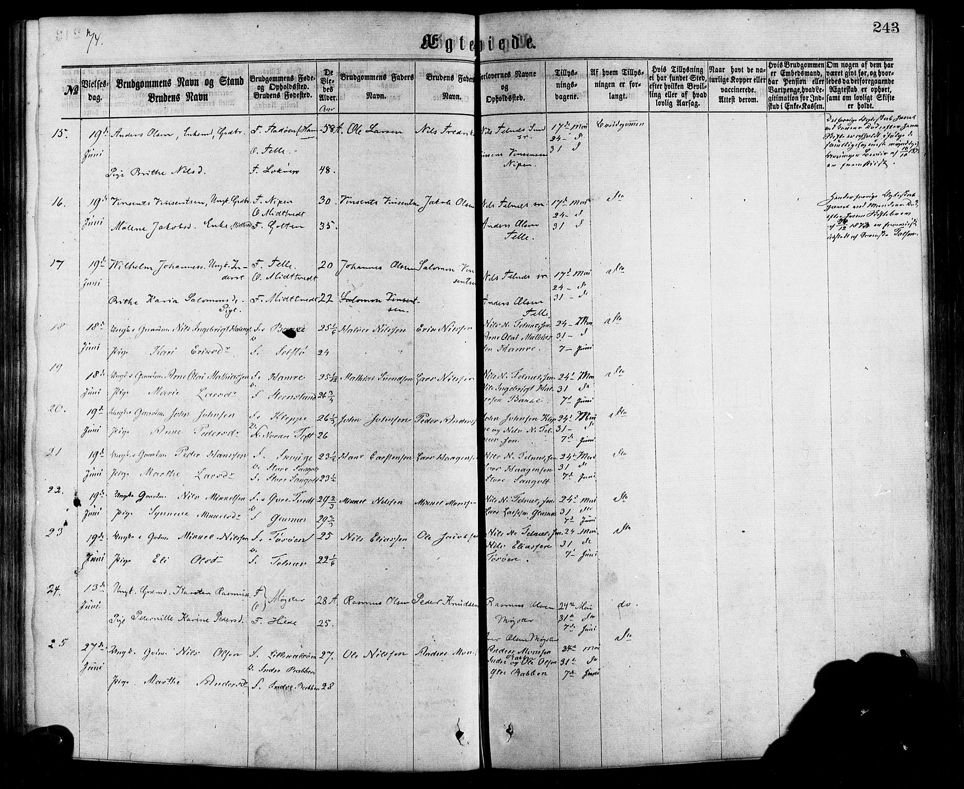 Sund sokneprestembete, SAB/A-99930: Parish register (official) no. A 15, 1867-1881, p. 243