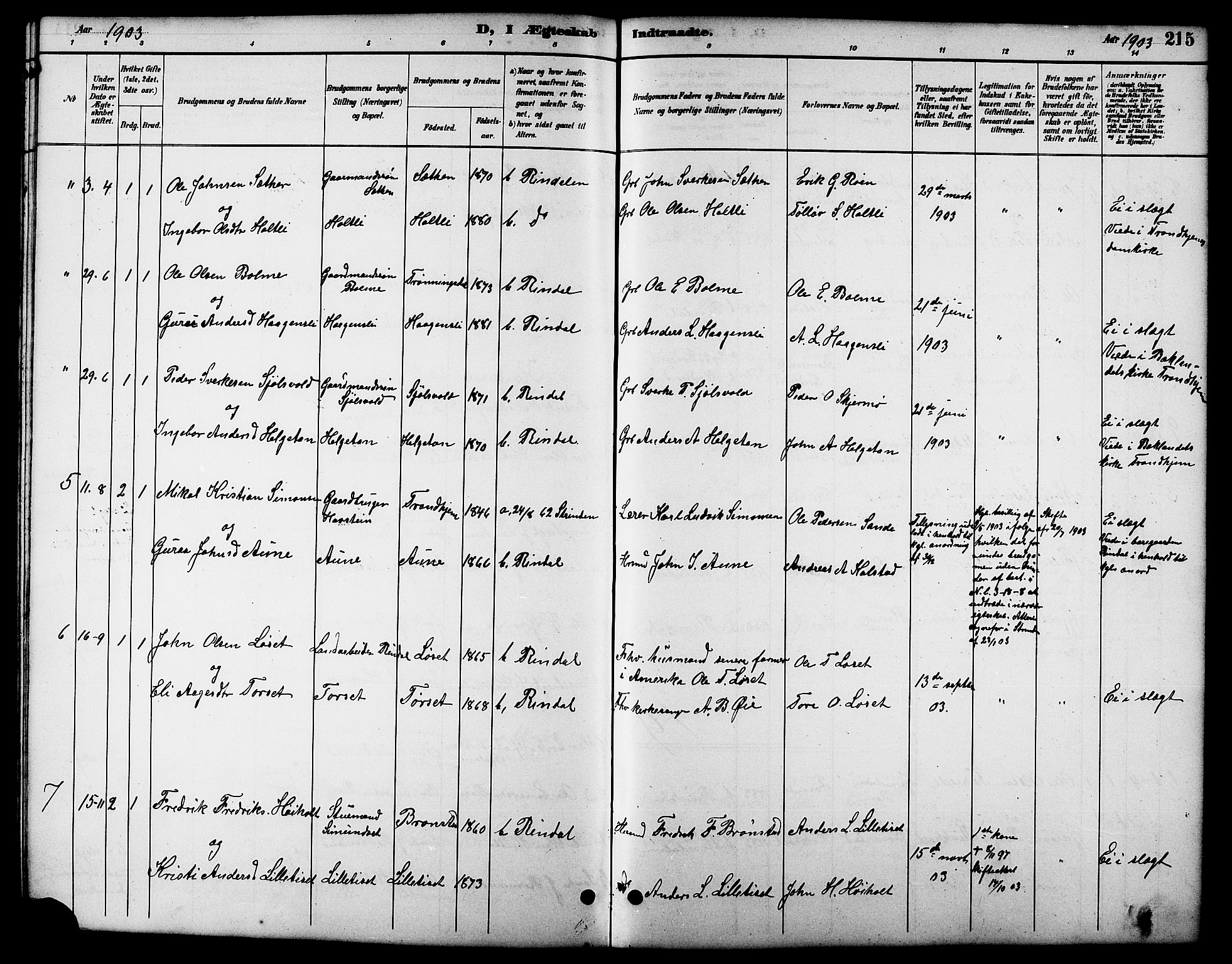 Ministerialprotokoller, klokkerbøker og fødselsregistre - Møre og Romsdal, SAT/A-1454/598/L1078: Parish register (copy) no. 598C03, 1892-1909, p. 215