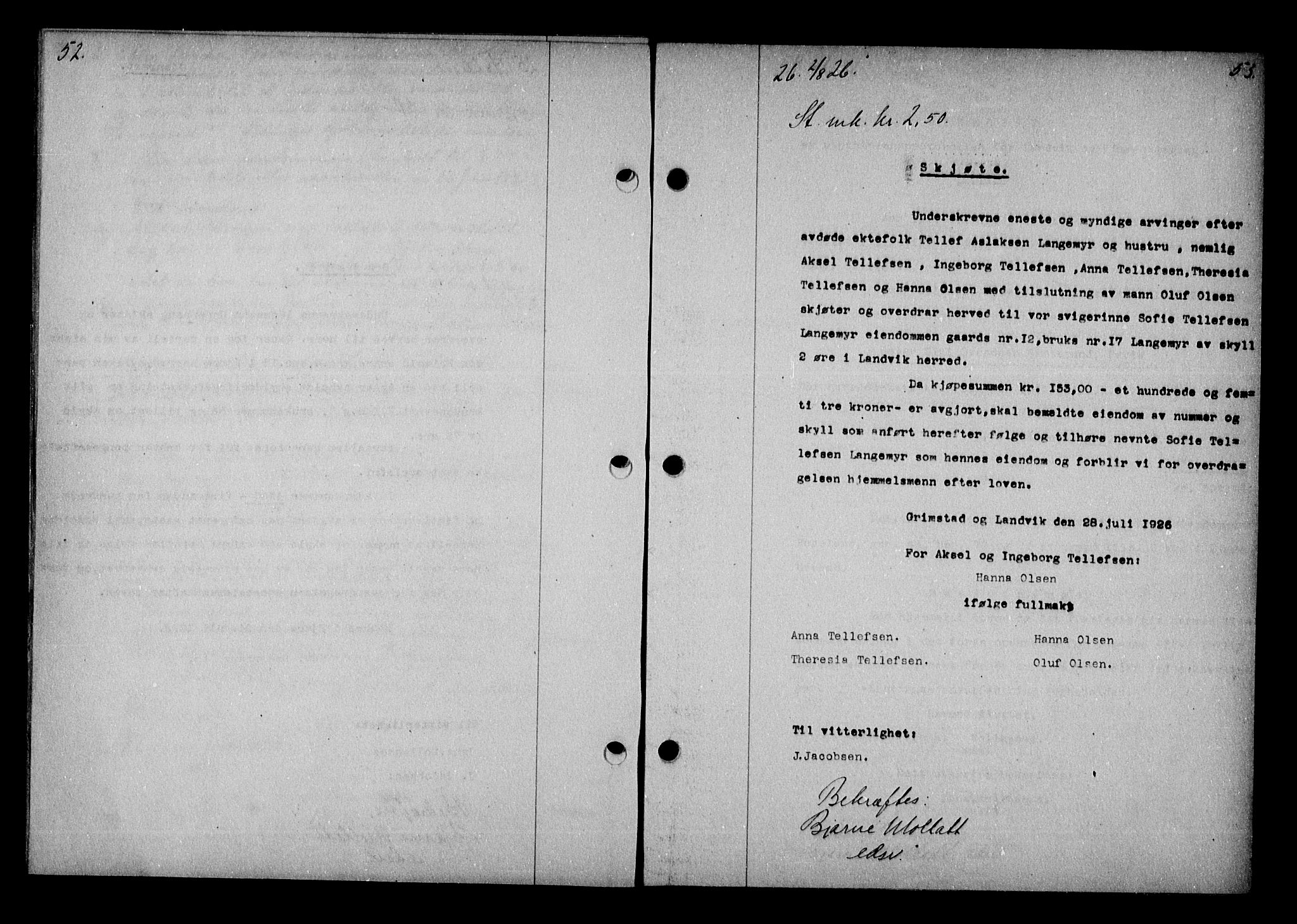 Vestre Nedenes/Sand sorenskriveri, AV/SAK-1221-0010/G/Gb/Gba/L0036: Mortgage book no. 62, 1926-1928, p. 52-53