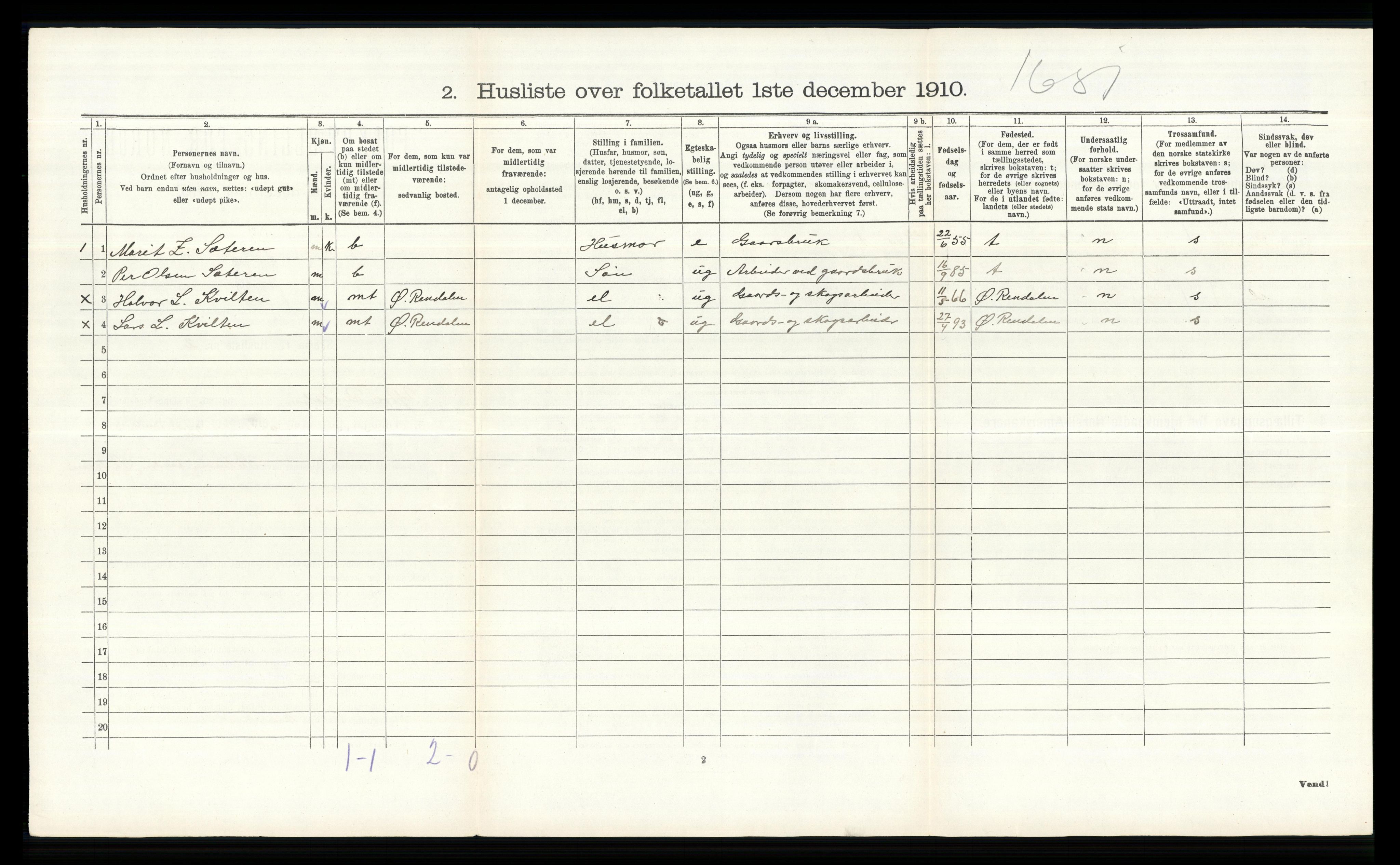 RA, 1910 census for Ytre Rendal, 1910, p. 550