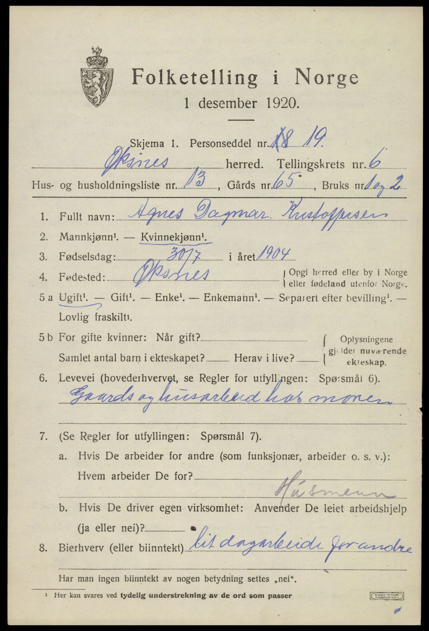 SAT, 1920 census for Øksnes, 1920, p. 5094