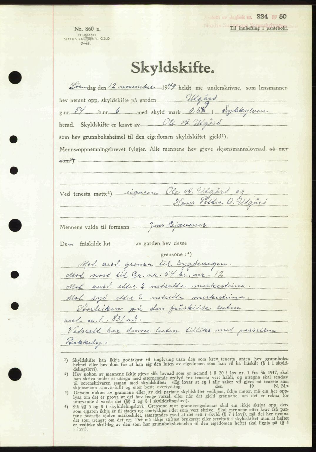 Nordre Sunnmøre sorenskriveri, AV/SAT-A-0006/1/2/2C/2Ca: Mortgage book no. A33, 1949-1950, Diary no: : 224/1950